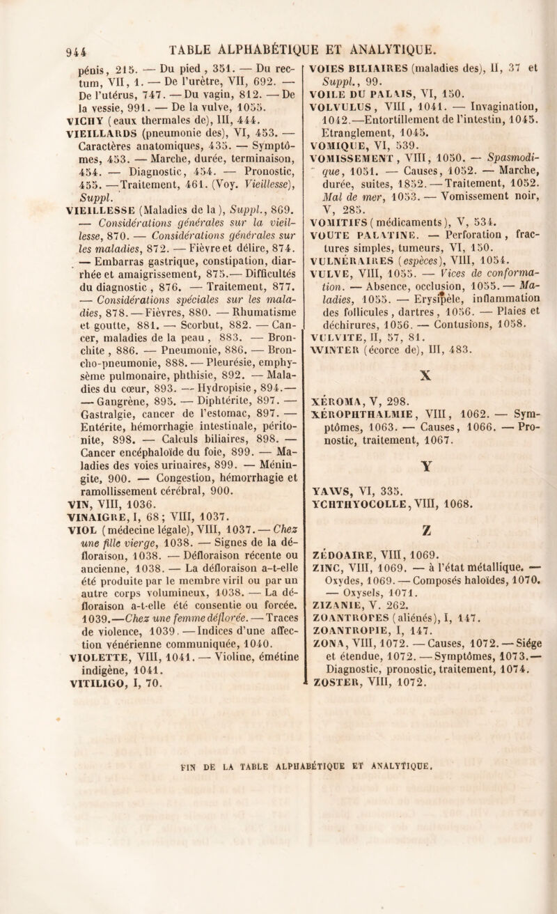 pénis, 215. — Du pied ,351. — Du rec- tum, VII, 1. — De l’urètre, VII, 692. — De l’utérus, 747. —Du vagin, 812. —De la vessie, 991. — De la vulve, 1055. VICIIY (eaux thermales de), III, 444. VIEILLARDS (pneumonie des), VI, 453. — Caractères anatomiques, 435. — Symptô- mes, 453. —Marche, durée, terminaison, 454. — Diagnostic, 454. — Pronostic, 455. —Traitement, 461. (Voy. Vieillesse), Suppl. VIEILLESSE (Maladies de la), Suppl, 869. — Considérations générales sur la vieil- lesse, 870. — Considérations générales sur les maladies, 872. —Fièvre et délire, 874. — Embarras gastrique, constipation, diar- rhée et amaigrissement, 875.— Difficultés du diagnostic , 876. — Traitement, 877. — Considérations spéciales sur les mala- dies, 878. — Fièvres, 880. —Rhumatisme et goutte, 881. —• Scorbut, 882. —Can- cer, maladies de la peau , 883. — Bron- chite , 886. — Pneumonie, 886. — Bron- cho-pneumonie, 888. -— Pleurésie, emphy- sème pulmonaire, phthisie, 892. — Mala- dies du cœur, 893. — Hydropisie , 894.— — Gangrène, 895. —• Diphtérite, 897. — Gastralgie, cancer de l’estomac, 897. — Entérite, hémorrhagie intestinale, périto- nite, 898. — Calculs biliaires, 898. — Cancer encéphaloïde du foie, 899. — Ma- ladies des voies urinaires, 899. — Ménin- gite, 900. — Congestion, hémorrhagie et ramollissement cérébral, 900. VIN, VIII, 1036. VINAIGRE, I, 68; VIII, 1037. VIOL (médecinelégale), VIII, 1037. — Chez une fille vierge, 1038. — Signes de la dé- floraison, 1038. •—Défloraison récente ou ancienne, 1038. — La défloraison a-t-elle été produite par le membre viril ou par un autre corps volumineux, 1038. —La dé- floraison a-t-elle été consentie ou forcée. 1039.—Chez une femme déflorée. — Traces de violence, 1039.—Indices d’une affec- tion vénérienne communiquée, 1040. VIOLETTE, VIII, 1041. — Violine, émétine indigène, 1041. V1TILIGO, I, 70. VOIES BILIAIRES (maladies des), II, 37 et Suppl, 99. VOILE DU PAL VIS, VI, 150. VOLVULUS, VIII, 1041. — Invagination, 1042.—Entortillement de l’intestin, 1045. Etranglement, 1045. VOMIQUE, VI, 539. VOMISSEMENT, VIII, 1050. — Spasmodi- ' que, 1051. — Causes, 1052. — Marche, durée, suites, 1852. — Traitement, 1052. Mal de mer, 1053. — Vomissement noir, V, 285. VOMITIFS ( médicaments ), V, 534. VOUTE PALATINE. — Perforation, frac- tures simples, tumeurs, VI, 150. VULNÉRAIRES {espèces), VIII, 1054. VULVE, VIII, 1055. — Vices de conforma- tion. — Absence, occlusion, 1055.— Ma- ladies, 1055. — Erysipèle, inflammation des follicules, dartres, 1056. — Plaies et déchirures, 1056. — Contusions, 1058. VULVITE, II, 57, 81. WINTER (écorce de), III, 483. X XÉROMA, V, 298. XÉROPIITH ALMIE, VIII, 1062. — Sym- ptômes, 1063. — Causes, 1066. —Pro- nostic, traitement, 1067. Y YAWS, VI, 335. YCHTHYOCOLLE, VIII, 1068. Z ZÉDOAIRE, VIII, 1069. ZINC, VIII, 1069. — à l’état métallique. — Oxydes, 1069. — Composés haloides, 1070. — Oxysels, 1071. ZIZANIE, V. 262. ZOANTROPES (aliénés), I, 147. ZOANTROPIE, I, 147. ZONA, VIII, 1072. —Causes, 1072.-—Siège et étendue, 1072. —Symptômes, 1073.— Diagnostic, pronostic, traitement, 1074. ZOSTER, VIII, 1072. VIN DE LA TABLE ALPHABÉTIQUE ET ANALYTIQUE.