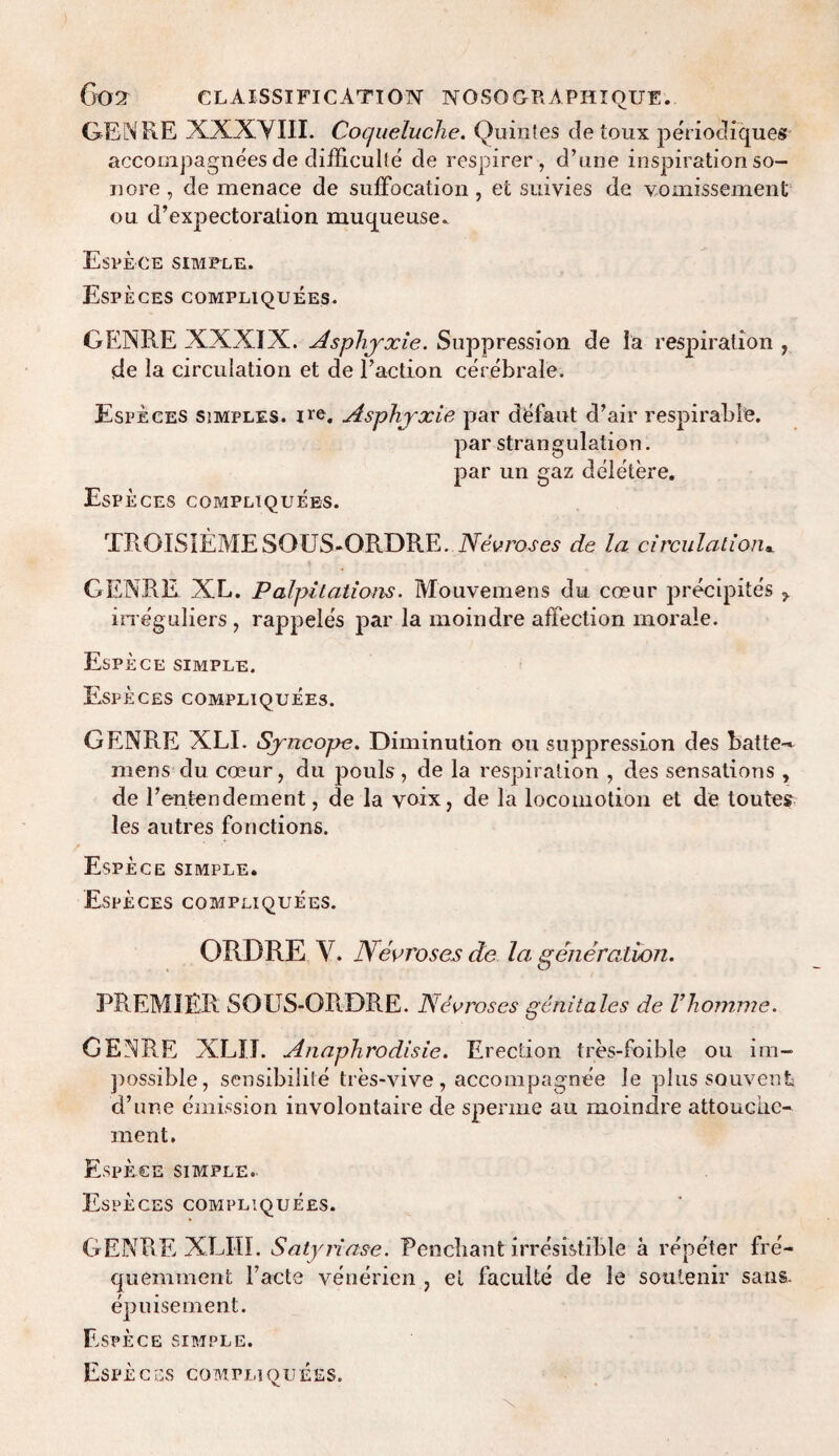 Go2 CLAISSIFICATI01NT NOSOGRAPHXQUE. GENRE XXXYIII. Cotjueluclie. Quintes de toux periodiques accornpagnees de difficulte de respirer, d’une inspiration so¬ il ore , de menace de suffocation, et suivies de vomissernent ou d’expectoration muqueuse. Espece simple. Especes compliquees. GENRE XXXIX. Asphy xie. Suppression de la respiration , <de la circulation et de Faction cerebrale. Especes simples. oe, Asphy xie par d^faut d’air respirable. par strangulation. par un gaz deletere. Especes compliquees. TROISIEMESOUS-ORDR.E. Neuroses de la circulation*. GENRE XL. Palpitations. Mouvemens du coeur precipites > irreguliers , rappeles par la moindre affection morale. Espece simple. Especes compliquees. GENRE XLI. Syncope. Diminution ou suppression des batten mens du coeur, du pouls, de la respiration , des sensations , de Fentendement, de la yoix, de la locomotion et de toutes les autres fonctions. Espece simple. Especes compliquees. ORDRE Y. Neoroses de la generation. PREMIER SOUS-ORDRE. Nev roses genitales de Vhomme. GENRE XLIJ. Anaphrodisie. Erection tres-foible ou im¬ possible, sensibilile tres-vive , accompagnee Je plus souvenfc d’une emission involontaire de sperme an moindre attouclic- ment. Espe.ce simple. Especes compliquees. GENRE XLIII. Satyriase. Penchant irresistible a repeter fre'- quemment Facte venerien , et faculte de le sotilenir sans, epuisement. Espece simple.