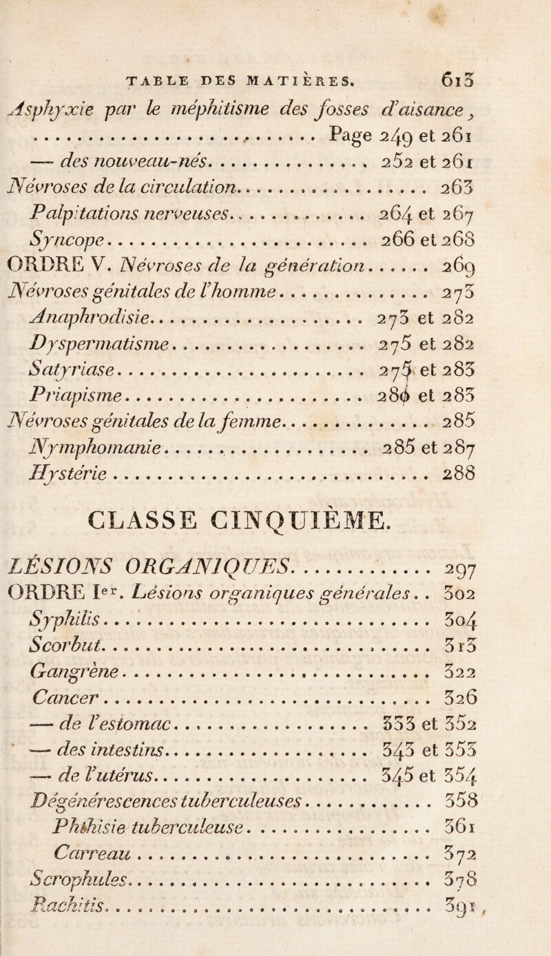 As])hyxie par le mephitis me des fosses cfaisance , .... Page 249 et 261 — des nouceau-nes.. ....... 252 et 261 Necroses de la circulation. 263 Palpitations nerceuses............. 264 et 267 Sjncope. 266 el 268 ORDRE V. Necroses de la generation.269 Necroses genitales de Vhomme. ... 278 Anaphrodisie. 275 et 282 Dyspermatisme. 275 et 282 Satjriase. .. 27^ et 285 Priapisme. 280 et 282 Necroses genitales de la femme.285 Njmphomanie.. 2 85 et 2 87 Hjsterie. 288 CLASSE CINQUIEME. LESIONS ORGAN!QUES.'.297 ORDRE Ier. Lesions organic lies generales. . 5o2 Syphilis. 3 04 Scorbut. 3i3 Gangrene. 322 Cancer...526 — de Vestomac. . 353 et 352 — des intestins. 343 et 353 — de Vuterus... 34-5 et 354 Degenerescences tuberculeuses. 358 Phthisic tuberculouse. .... 361 Carreau ..... 872 Scrophules.. 078