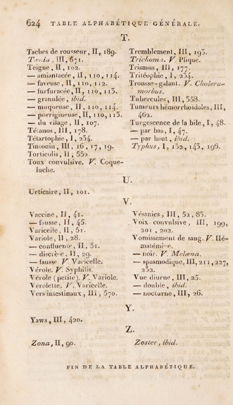 Tacbes de rongeur, II, 189, Tin.ia , III, 5 Teigne , II, 102. <■— amianlacee , il, 110,1i4* »— faveuse , II, 110, 112. — iurfuracee, II, 110, 115. —- granulee , ibid. *— ttiuqneuse , II, 110 , 114- *— porrigineuse, II, 110,115. — du visage , II, 107. Teianos, J J1, 178. Tetartophie , J , 254- Tin iouin, III, 16, 17, 19. Tortieolis, IS , 552. Toux convulsive. V. Coque- luche. u Urticaire, II, 101. y Vaccine, II, — fausse ,11,45. Variceile, II, 51. Varioie, II , 28. -— confluence, II, 5i. -— discie-e , f 1, 29. — tausse V Variceile. Verqle. y. Syphilis. Veiole (pesiie). V. Varioie. Verolelte. /.Variceile. Vers imeslinaux , III, 570. Yaws, III, 420* Zona, II, 90. Tremblement, III, 195. Trichoma. V Plique* Trismus , Hi , 177. Trileophie, 1, 2j4- Trousse-galant. V. Cholera morbus. Tubereules, II1,558. Tumeurs hemorrhoidales, III, 482, Turgescence de la bile, 1, 4^- par has, 1, 4?- — par haul, ibid. Typhus, I, 152, i45, 198. Yesanies , 111, 52,85. Voix convulsive,, ill, 199, 20 1 , 202. Vomissement de sang. V- He- matenicce. *— noir. y, Mel avia. spasmodique, III, 211,227, 2V2. Vue diurne, III, 20. — double , ibid. — noclurne, III, 26. Y. Z. Zoster, ibid. FUN T) E LA TABLE ALPHABET! QU £,
