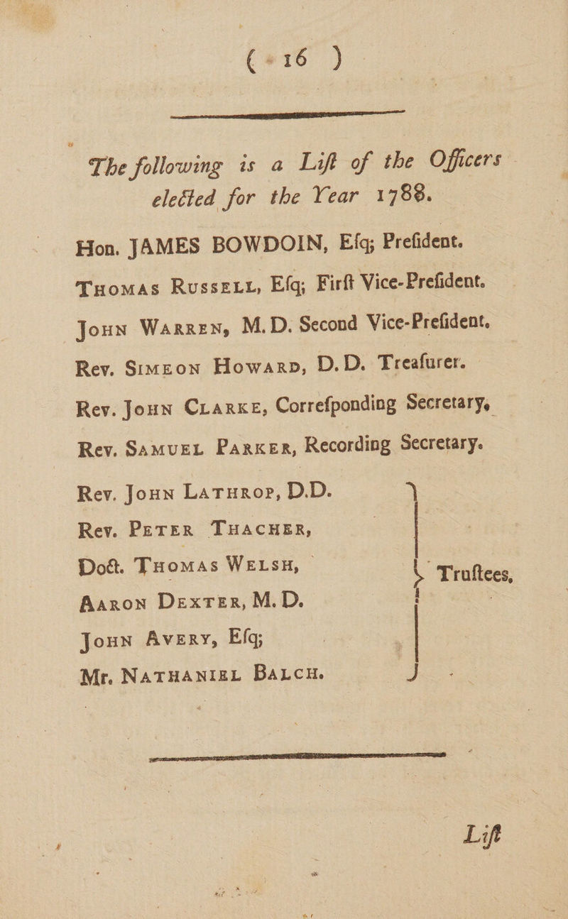 (-16 ) Elen . The following is a Lift of the Officers elected for the Year 1788. Hon. JAMES BOWDOIN, Eq; Prefident. Tuomas Russevy, Efq; Firft Vice-Prefident. Joun Warren, M.D. Second Vice-Prefident. Rev. Simeon Howarp, D.D. Treafurer. — Rev. Joun CLarke, Correfponding Secretary, Rey, SAMUEL Parker, Recording Secretary. Rey. Joun LATHROP, DD. 7 | Rev. PETER THACHER, Dott. Tuoias WELSH, — i Aaron Drcren, M.D. 1 Joun Avery, Efq ie | J Mr. NATHANIEL BaLcuH.