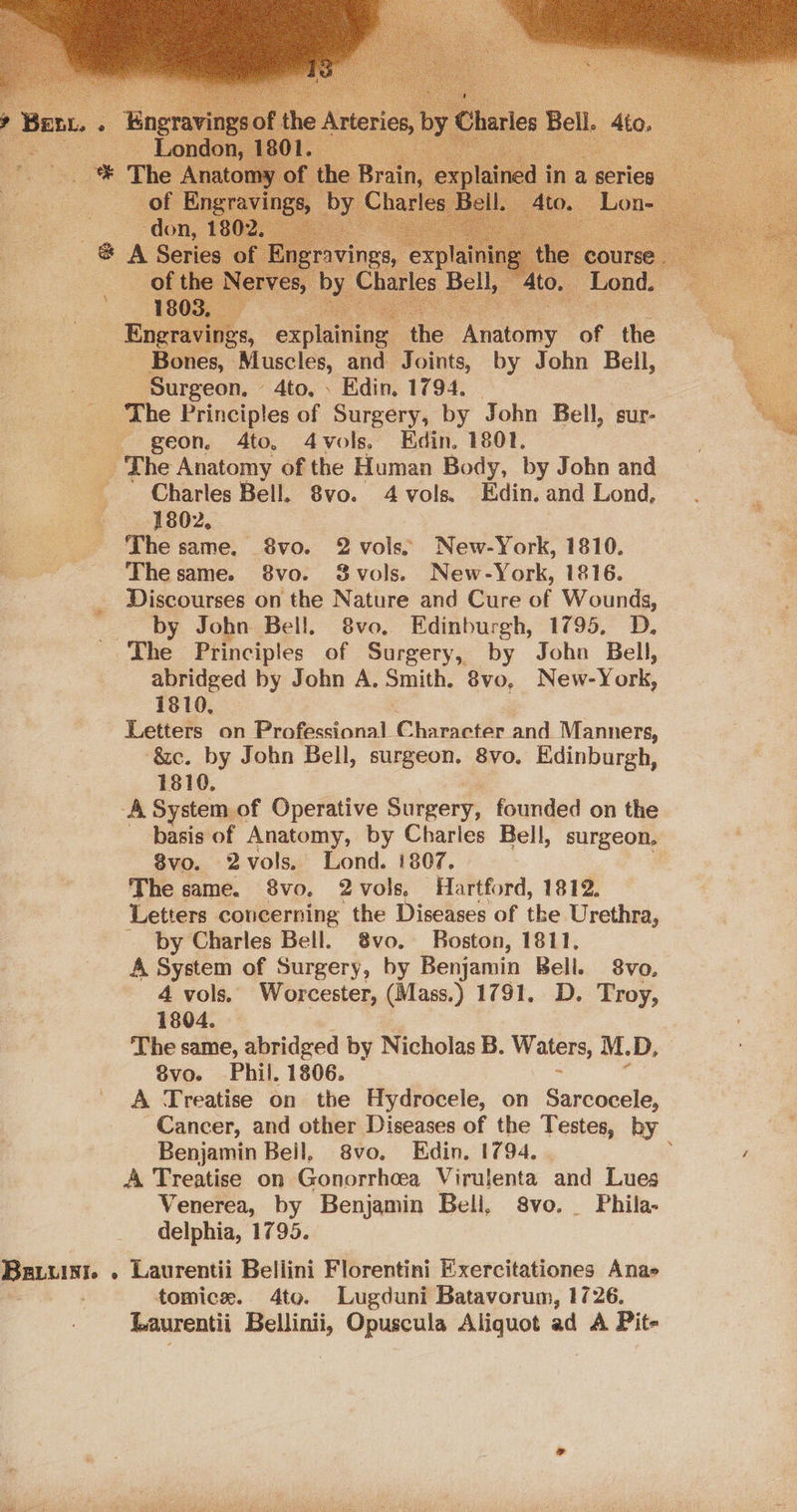 Engravings, enediings ihe | hao of the ~ Bones, Muscles, and Joints, by John Bell, Surgeon. 4to. . Edin. 1794. geon, 4to, 4vols. Edin. 1801. _ The Anatomy of the Human Body, by John and Charles Bell. 8vo. 4 vols. Edin. and Lond, The same. 8vo. 2 vols. New-York, 1810. The same. 8vo. S3vols. New-York, 1816. Discourses on the Nature and Cure of Wounds, by John Bell. 8vo, Edinburgh, 1795, D. The Principles of Surgery, by John Bell, abridged by John A. — 8vo, New-York, 1810, Letters on Professional c haracter and Manners, &ec. by John Bell, surgeon. 8vo. Edinburgh, 1810. A System of Operative Surgery, founded on the basis of Anatomy, by Charles Bell, surgeon, 8vo. 2vols. Lond. 1807. The same. 8vo, 2 vols. Hartford, 1812. Letters concerning the Diseases of the Urethra, - by Charles Bell. 8vo. Boston, 1811, A System of Surgery, by Benjamin Bell. 8vo. 4 vols. Worcester, (Mass.) 1791. D. Troy, 1804. The same, abridged by Nicholas B. Waters, M. .D, 8vo. Phil. 1806. A Treatise on the Hydrocele, on Sarcocele, Cancer, and other Diseases of the Testes, by Benjamin Beil, 8vo. Edin, 1794. ; A Treatise on Gonorrhoea Virulenta and Lues Venerea, by Benjamin Bell, 8vo. _ Phila- delphia, 1795. tomice. 4to. Lugduni Batavorum, 1726. Laurentii —_— Opuscula Aliquot ad A Pit-