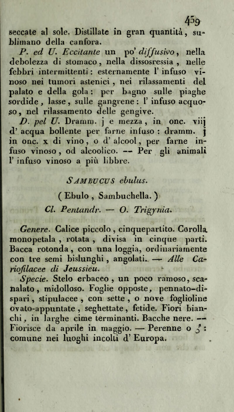 4% seccate al sole. Distillate in gran quantità, su¬ blimano della canfora. P. ed U. Eccitante un po’ diffusilo, nella debolezza di stomaco, nella dissosressia , nelle febbri intermittenti : esternamente 1’ infuso vi¬ noso nei tumori astenici , nei rilassamenti del palato e della gola ; per bagno sulle piaghe sordide , lasse , sulle gangrene : 1’ infuso acquo¬ so, nel rilassamento delle gengive. D. pel U. Dramm. j e mezza , in onc. viij d’ acqua bollente per farne infuso : dramm. j in onc. X di vino, o d’ alcool, per farne in¬ fuso vinoso , od alcoolico. — Per gli animali r infuso vinoso a più libbre. Sambucvs ehuliis. ( Ebulo , Sambuchella. ) Cl. Pentandr. — O. Trigjnia* Genere. Calice piccolo , cinquepartito. Corolla monopetala , rotata , divisa in cinque jjarti. Bacca rotonda, con una loggia, ordinariamente con tre semi bislunghi, angolati.. — Alle Cor riofdacee di Jeussieu. Specie. Stelo erbaceo , un poco ramoso, sca¬ nalato, midolioso. Foglie opposte, pennato-di¬ spari , stipulacee , con sette , o nove foglioline ovaio-appuntate , seghettate, fetide. Fiori bian¬ chi , in larghe cime terminanti. Bacche nere. — Fiorisce da aprile in maggio. — Perenne o J : comune nei luoghi incolti d’ Europa.