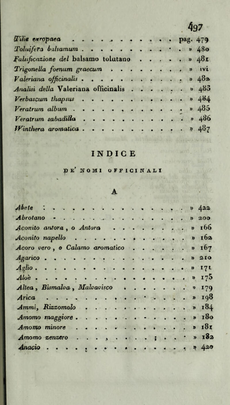 iTi/itf ejiropaea ^ . pag. 479 Toluifera biìsamum.• . » 480 Falsificazione del balsamo tolutano.» 4^^ Trigonella foenum graecum ..» ivi Valeriana officinalis .. » 4^^ Analisi della VateriaDa officinalis ...... u 488 Verbascum thapsus.» 4^4 Veratrum album.4^^ Veratrum sabadilla .....a 4^^ IVinthera aromatica ..» 4^7 INDICE de’ NOMI OFFICINALI A ^èete :. 4^3i Abrotano ..» aoo Aconito anfora , o Anfora.» 166 Aconito napello. » i6a Acoro vero , o Calamo aromatico.» 167 Agarico.. ^glio.ni^i Aloè.» 175 Altea i Bismalva y Malvavisco ..*79 Arica.‘ . ...» 198 Ammiy Bizzomolo.» 184 Amomo maggiore. » 180 Amomo minore iSx Amomo zenzero i8a Anacio. n As-o