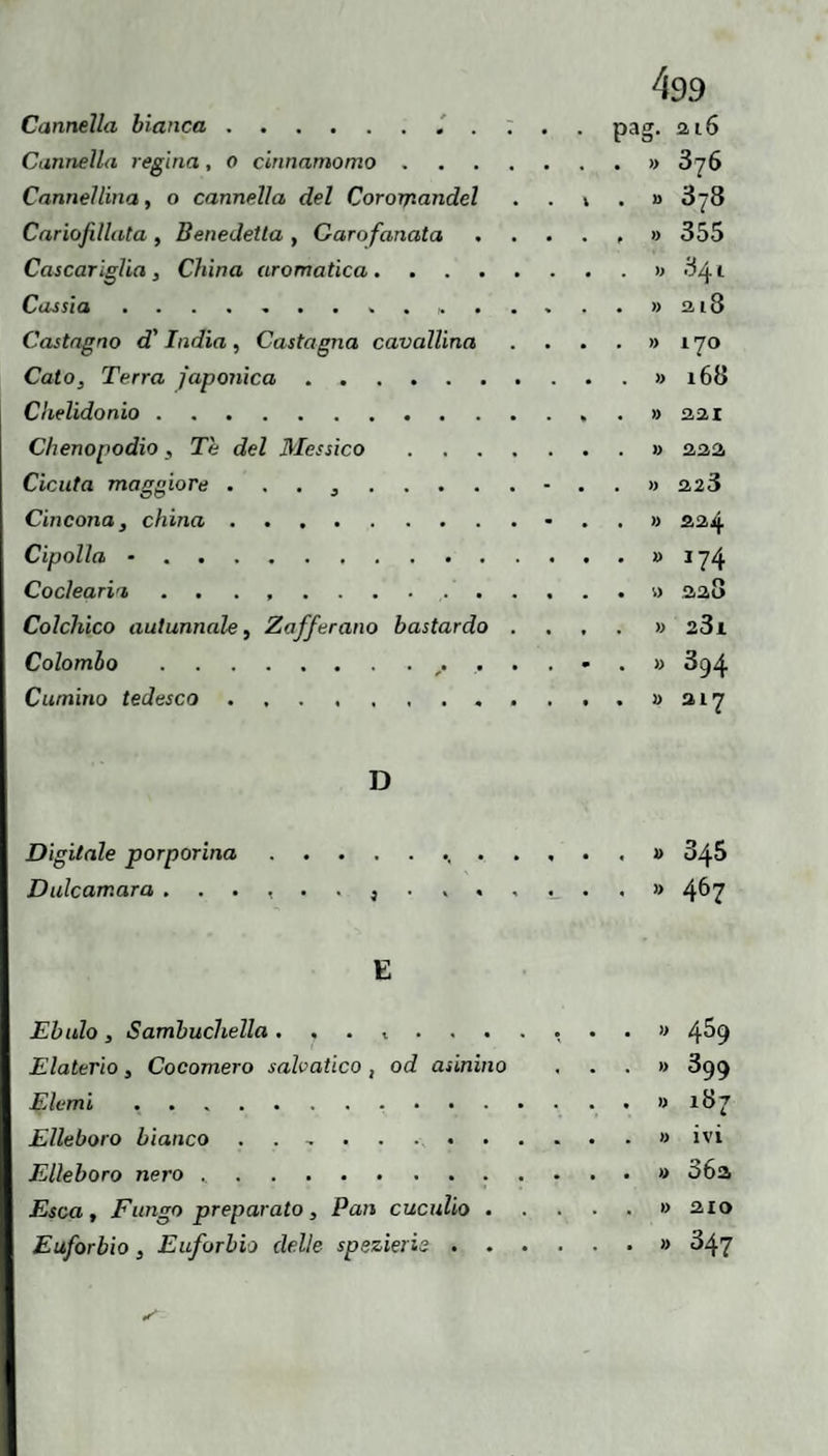 Cannella bianca.pag. ai6 Cannella regina, o cinnamomo.» 3^6 Cannellina, o cannella del Cororriandel . . \ . » 3 78 Cariofillata, Benedetta , Garofanata.» 355 CascarIglia , China aromatica.» Cassia ..» 2.18 Castagno d'India, Castagna cavallina . . . . » 170 Calo, Terra japonica.» 168 Chelidonio.. . » 221 Chenopodio, Tè del Messico.» 222 Cicuta maggiore . . . ^.- . . » 223 Cincona, china.- . . » 224 Cipolla ..» I y4 Coclearia . . . « 228 Colchico autunnale. Zafferano bastardo .... » 281 Colombo.894 Cumino tedesco...,.i>2i7 D Digitale porporina.348 Dulcamara 4^7 E Ebulo, Sambuchella, v ....... » 4^9 Elaterio, Cocomero sahatico , od asinino ...» 899 Elemi ..» 187 Elleboro bianco ..» ivi Elleboro nero .. 36a Esca, Fungo preparato, Pan cuculio.» 210 Euforbio, Euforbio delle spezierie.» 847