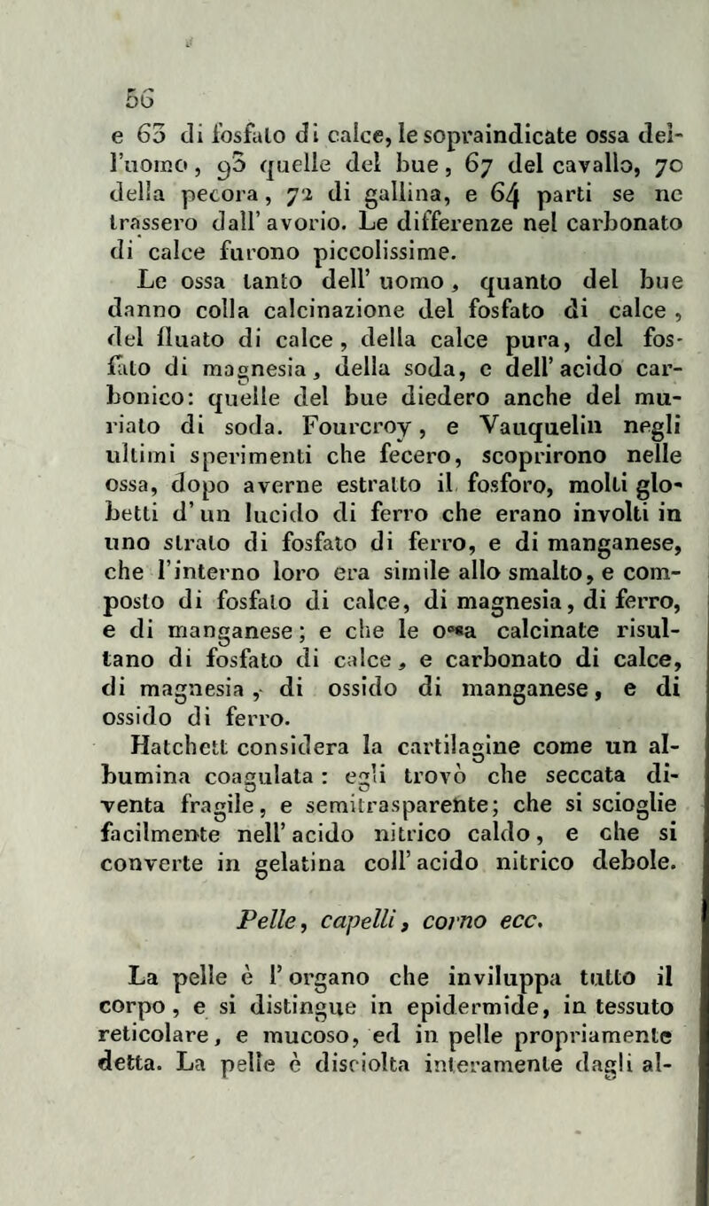 e 63 di fosfato di calce, le sopraindicate ossa del¬ l’uomo , c)5 quelle del bue, 67 del cavallo, 70 della pecora, 72 di gallina, e 64 parti se ne trassero dall’avorio. Le differenze nel carbonato di calce furono piccolissime. Le ossa tanto dell’ uomo, quanto del bue danno colla calcinazione del fosfato di calce , del fluato di calce, della calce pura, del fos¬ fato di magnesia, della soda, e dell’acido car¬ bonico: quelle del bue diedero anche del mu- riato di soda. Fourcroy, e Vauquelin negli ultimi sperimenti che fecero, scoprirono nelle ossa, dopo averne estratto il fosforo, molti glo* betti d’ un lucido di ferro che erano involti in uno strato di fosfato di ferro, e di manganese, che l’interno loro era simile allo smalto, e com¬ posto di fosfato di calce, di magnesia, di ferro, e di manganese ; e che le o°*a calcinate risul¬ tano di fosfato di calce, e carbonato di calce, di magnesia, di ossido di manganese, e di ossido di ferro. Hatchett considera la cartilagine come un al- o bumina coagulata : egli trovò che seccata di¬ venta fragile, e semitrasparente; che si scioglie facilmente nell’acido nitrico caldo, e che si converte in gelatina coll’acido nitrico debole. Pelle, capelli, corno ecc. La pelle è l’organo che inviluppa tutto il corpo, e si distingue in epidermide, in tessuto reticolare, e mucoso, ed in pelle propriamente detta. La pelle è disciolta interamente dagli al-