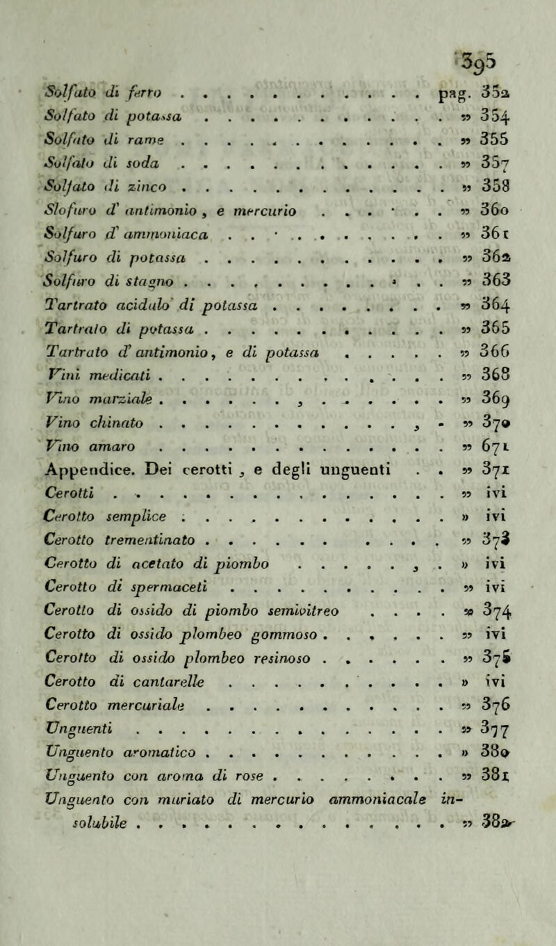 Solfato dì farro.pag. 35a Solfato di potassa.99 354 Solfito di rame.n 355 Solfito di soda......5? 357 Solfato di zinco.a 358 Sto furo d' antimonio , e mercurio . . . . n 3 60 Solfuro d ammoniaca 99 361 Solfuro eli potassa.99 36s Solfuro di stagno . . . .» . . 99 363 Tartrato acidulo di potassa.99 364 Tartrato di potassa.99 365 Tartrato cV antimonio, e di potassa.99 366 Vini medicati ..99 368 Vino marziale., ..99 36g Vino chinato.. - 99 37© Vino amaro. 671 Appendice. Dei cerotti ^ e degli unguenti . . 99 371 Cerotti . .. ivi Cerotto semplice ..» ivi Cerotto trementinato. .... 99 3?3 Cerotto di acetato di piombo.. . » ivi Cerotto di spermaceti.99 ivi Cerotto di ossido di piombo semioilreo . ... se 374 Cerotto di ossido plombeo gommoso ...... 99 ivi Cerotto di ossido plombeo resinoso.99 374 Cerotto di cantarelle.. . . . » ivi Cerotto mercuriale.99 376 Unguenti.9» hi Unguento aromatico.» 33© Unguento con aroma di rose. 38i Unguento con muriato eli mercurio ammoniacale in¬ solubile .. 99 382r