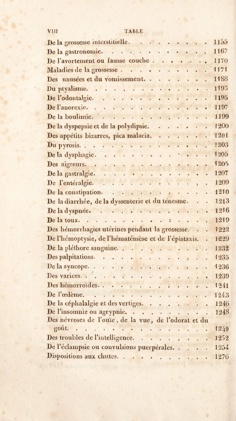 De la grossesse interstitielle 1155 De la gastronomie 1167 De Tavortement ou fausse couche 1170 Maladies de la grossesse 1171 Des nausées et du vomissement 1188 Du ptyalisme 1193 De l’odontalgie 1195 De l’anorexie 1197 De la boulimie 1199 De la dyspepsie et de la polydipsie 1200 Des appétits bizarres, pica malacia 1201 Du pyrosis 1203 De la dysphagie • . . . 1205 Des aigreurs 1205 De la gastralgie. . 1207 De l'entéralgie , 1209 De la constipation. 1210 De la diarrhée, de la dyssenterie et du ténesme. . . 12l3 De la dyspnée 1216 De la toux : . . . . 1219 Des hémorrhagies utérines pendant la grossesse. . . 1222 De l’héinoptysie, de l’hématémèse et de l'épistaxis. . 1229 De la pléthore sanguine. 1232 Des palpitations . . 1235 De la syncope 1236 Des varices. . . . 1239 Des hémorroïdes 1241 De l’œdème 1243 De la céphalalgie et des vertiges 1246 De l’insomnie ou agrypnie 1248 Des névroses de l'ouïe, de la vue, de l’odorat et du goût 1249 Des troubles de l’intelligence 1252 De l’éclampsie ou convulsions puerpérales 1254 Dispositions aux chutes 1276