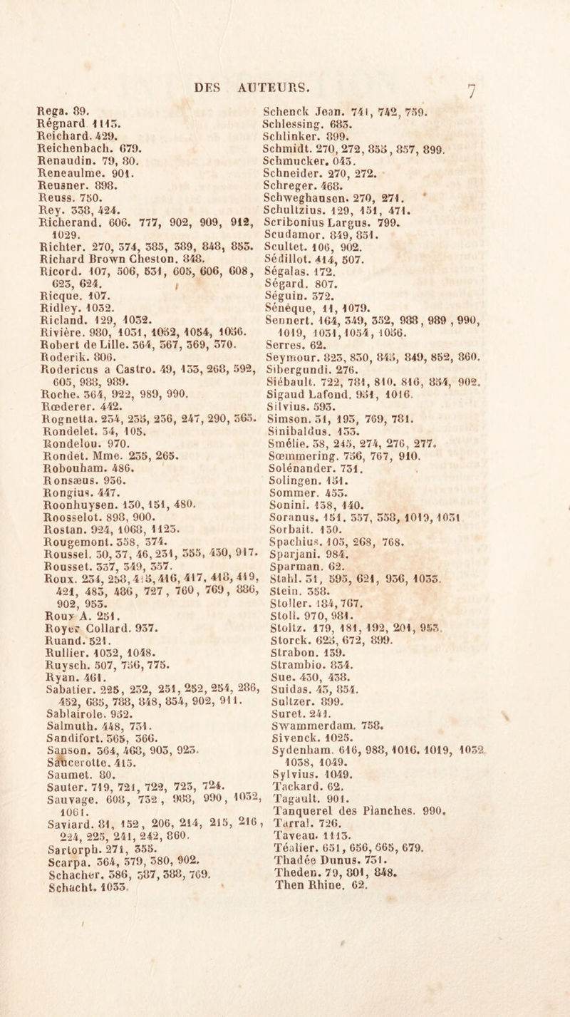 Rega. 89. Régnard 1113. Reichard. 429. Reichenbach. G79. Renaudin. 79, 80. Reneaulme. 901. Reusner. 898. Reuss. 750. Rey. 338, 424. Richerand. 606. 777, 902, 909, 912, 1029. Richter. 270, 374, 385, 389, 848, 855. Richard Brown Chesion. 848. Ricord. 107, 506, 531, 605, 606, 608, 623, 624. f Ricque. 107. Ridley. 1032. Ricland. 129, 1032. Rivière. 980, 1031, 1052, 1054, 1036. Robert de Lille. 364, 567, 369, 370. Roderik. 806. Rodericus a Castro. 49, 153, 268, 592, 605, 988, 989. Roche. 364, 922, 989, 990. Rœderer. 442. Rognetta. 254, 233, 236, 247, 290, 365. Rondelet. 34, 105. Rondelou. 970. Rondet. Mme. 235, 265. Robouham. 486. Ronsæus. 936. Rongius. 447. Roonhuysen. 150, 151, 480. Roosselot. 898, 900. Rostan. 924, 1068, 1123. Rougemont. 358, 374. Roussel. 30, 37, 46, 231, 555, 430, 917. Rousset. 337, 349, 357. Roux. 254, 258,4:3,416, 417, 418, 419, 421, 483, 486, 727, 760, 769, 886, 902, 953. Roux A. 251. Royer Collard. 937. Ruand. 521. Rullier. 1032, 1048. Ruysch. 507, 736, 775. Ryan. 461. Sabatier. 225, 232, 251, 252, 254, 286, 452, 685, 788, 848, 854, 902, 911. Sablairole. 932. Salmulh. 448, 731. Sandifort. 565, 366. Sanson. 364, 468, 903, 923. Sâucerotte. 415. Sauraet. 80. Sauter. 719, 721, 722, 723, 724. Sauvage. 608, 732, 988, 990, 1032, 1061. Saviard. 81, 152, 206, 214, 215, 216, 224, 225, 241, 242, 860. Sarlorpb. 271, 355. Scarpa. 364, 579, 380, 902. Schacher. 586, 587,388, 769. Schacht. 1033. Schenck Jean. 741, 742,759. Schlessing. 683. Schlinker. 899. Schmidt. 270, 272, 855,857, 899. Schmucker. 043. Schneider. 270, 272. Schreger. 468. Schweghaosen. 270, 271. Schultzius. 129, 151, 471. Scribonius Largus. 799. Scudamor. 849, 851. Scultet. 106, 902. Sédillot. 414, 507. Ségalas. 172. Ségard. 807. Séguin. 372. Sénèque, 11, 1079. Sennert. 164, 349, 352, 988, 989,990, 1019, 1031,1054,1036. Serres. 62. Seymour. 823, 830, 843, 849, 852, 860. Sibergundi. 276. Siébault. 722, 781, 810. 816, 854, 902. Sigaud Lafond, 931, 1016. Silvius. 593. Simson. 51, 195, 769, 781. Sinibaldus. 153. Smélie. 38, 245, 274, 276, 277. Sœinmering. 736, 767, 910. Solénander. 751. Solingen. 151. Sommer. 455. Sonini. 138, 140. Soranus. 151. 357, 558, 1019,1031 Sorbait. 130. Spachius. 105, 268, 768. Sparjani. 984, Sparman. 62. Stahl.31, 595, 621, 936, 1035. Stein. 358. S to lier. 184,767. Stoli. 970, 981. Stoitz. 179, 181, 192, 201, 9S3 Storck. 625, 672, 899. Strabon. 139. Strambio. 854. Sue. 430, 438. Suidas. 43, 854. Sultzer. 899. Suret. 241. Swarnmerdam. 758. Sivenck.1025. Sydenham. 616, 988,1016. 1019, 1032, 1038, 1049. Sylvius. 1049. Tackard. 62, Tagault. 901. Tanquerel des Planches. 990. Tarra!. 726. Taveau. 1113. Téaiier. 651, 656, G65, 679. Thadée Dunus. 751. Theden. 79, 801, 848. Then Rhine. 62. I
