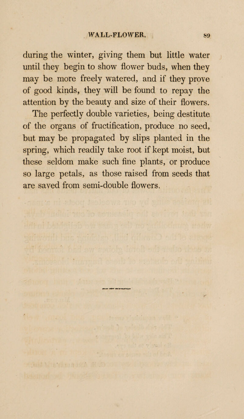 during the winter, giving them but little water until they begin to show flower buds, when they may be more freely watered, and if they prove of good kinds, they will be found to repay the attention by the beauty and size of their flowers. The perfectly double varieties, being destitute of the organs of fructification, produce no seed, but may be propagated by slips planted in the spring, which readily take root if kept moist, but these seldom make such fine plants, or produce so large petals, as those raised from seeds that are saved from semi-double flowers.