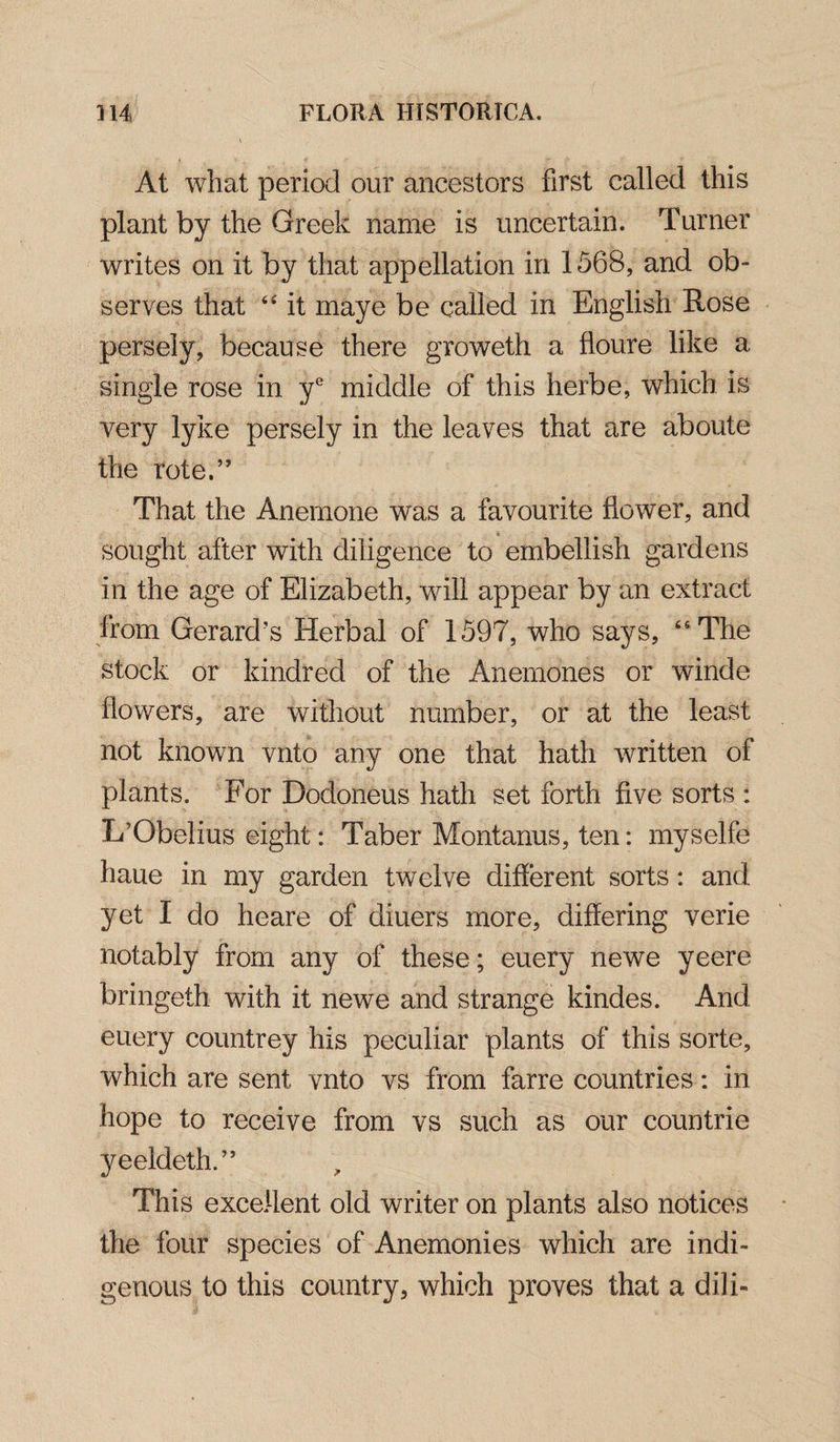 At what period our ancestors First called this plant by the Greek name is uncertain. Turner writes on it by that appellation in 1568, and ob¬ serves that 44 it maye be called in English Rose persely, because there groweth a floure like a single rose in ye middle of this herbe; which is very lyke persely in the leaves that are aboute the rote.” That the Anemone was a favourite flower, and sought after with diligence to embellish gardens in the age of Elizabeth, will appear by an extract from Gerard’s Herbal of 1597, who says, 45 The stock or kindred of the Anemones or winde flowers, are without number, or at the least not known vnto any one that hath written of plants. For Dodoneus hath set forth five sorts : L’Obelius eight: Taber Montanus, ten: myselfe haue in my garden twelve different sorts: and. yet I do heare of diners more, differing verie notably from any of these; euery newe yeere bringeth with it newe and strange kindes. And euery countrey his peculiar plants of this sorte, which are sent vnto vs from farre countries: in hope to receive from vs such as our countrie yeeldeth.” This excellent old writer on plants also notices the four species of Anemonies which are indi¬ genous to this country, which proves that a dili-