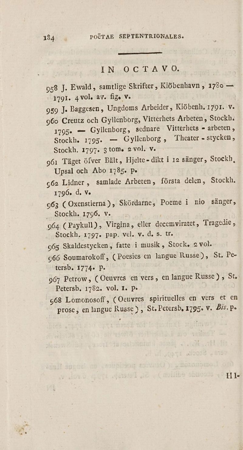 pesca IN OCTAVO. 958 J. Ewald, samtlige Skrifter , Kióbenhavn, 1780 — 1791. 4vol. av. fige v. 959 ]. Paggesen, Ungdoms Arbeider, Kióbenh. 1791. v. 96o Creutz och Gyllenborg, Vitterhets Arbeten , Stockb. 1795. — Gyllenborg, sednare Vitterhets - arbeten , Stockh. 1795. — Gyllenborg , Theater - stycken , Stockh. 1797. 3 tom. 2 vol. v. 961 Tüget ófver Dült, Hjelte- dikt i 19 sánger, Stockh, Upsal och. Abo 1785. p» g62 Lidner, samlade Arbeten, fórsta delen, Stockh. 1796. d. v. 963 (Oxenstierna) , Skórdarne,; Poeme i nio sàánger, .. Stockh. 1796. v. | 964 (Paykull), Virgina, eller decemviratet, Tragedie , Stockh. 1797. pap. vel. v. d. s. tr. 965 Skaldestycken , fatte i musik , Stock. 2 vol. 966 Soumarokoff, ( Poesies en langue Russe), St. Pe- tersb. 1774« Pp. 967 Petrow, (Oeuvres en vers, en langue Russe ) , St. Petersb. 1782. vol. 1. p 968 Lomonosoff, ( Oeuvres spirituelles en vers et en prose, en langue Russe) , St, Petersb, 1795. V. Dis, pe I11-