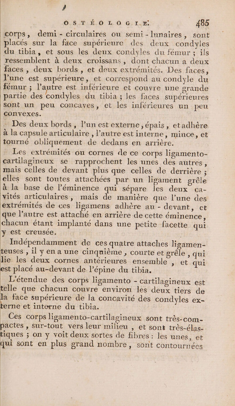 4 O.S T É.O L O G.I.Er: 485 corps, demi - circulaires ou semi-lunaires, sont placés sur la face supérieure des deux condyles du tibia, et sous les deux condyles du fémur : ils ressemblent à deux croissans, dont chacun a deux faces , deux bords , et deux extrémités. Des faces, l’une est supérieure, et correspond au condyle du fémur ; l’autre est inférieure et couvre une grande partie des condyles du tibia ; les faces supérieures sont un peu concaves, et les inférieures un peu convexes. | Des deux bords, l’un est externe ; épais, etadhère à la capsule articulaire , l’autre est interne, mince, et tourné obliquement de dedans en arrière. Les extrémités ou cornes de ce corps ligamento- cartilagineux se rapprochent les unes des autres, mais celles de devant plus que celles de derrière ; elles sont toutes attachées par un ligament grêle à la base de l’éminence qui sépare les deux ca- vités articulaires, maïs de manière que l’une des extrémités de ces ligamens adhère au - devant, ct que l’autre est attaché en arrière de cette éminence, chacun étant implanté dans une petite facette qui y est creusée. = Indépendamment de ces quatre attaches lisamen- teuses , 1l ÿ en a une cinquième , courte et réle >) qui he les deux cornes antérieures ensemble » et qui est placé au-devant de l’épine du tibia. L’étendue des corps ligamento - cartilagineux est telle que chacun couvre environ les deux tiers de la face supérieure de la concavité des condyles ex- terne et interne du tibia. _ Ces corps ligamento-cartilagineux sont très-com- pactes , sur-tout vers leur milieu , et sont très-élas- tiques ; on y voit deux sortes de fibres : les unes, et qui sont en plus grand nombre, sont contournées |