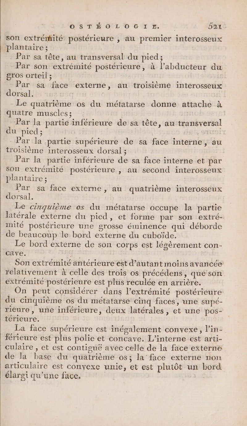 son extrémité postérieure , au premier interosseux plantaire ; . Par sa tête, au transversal du pied ; Par son extrémité postérieure, à l’abducteur du gros orteil ; Par sa face externe, au troisième interosseux dorsal. | vu Le quatrième os du métatarse donne attache à quatre muscles ; | Par la partie inférieure de sa tête, au transversal du pied; | | | 585 SUIOUT Par la partie supérieure de sa face interne, au troisième interosseux dorsal ; Par la partie inférieure de sa face interne et par son extrémité postérieure , au second interosseux plantaire ; | Par sa face externe, au quatrième interosseux dorsal. Le cinquième os du métatarse occupe la partie | latérale externe du pied, et forme par son extré- imité postérieure une grosse éminence qui déborde - de beaucoup le bord externe du cuboïde. Le bord externe de son corps est lésèrement con- cave. RE Son extrémité antérieure est d’autant moins avancée relativement à celle des trois os précédens, que son extrémité postérieure est plus reculée en arrière. On peut considérer dans l’extrémité postérieure du cinquième os du métatarse cinq faces, une supé- rieure, uñe inférieure, deux latérales, et une pos- térieure. | La face supérieure est inésalement convexe, l’in- férieure est plus polie et concave. L’interne est arti- culaire , et est contisuë avec celle de la face externe de la base du quatrième os; la’ face externe non articulaire est convexe unie, et est plutôt un bord élargi qu’une face. ER |
