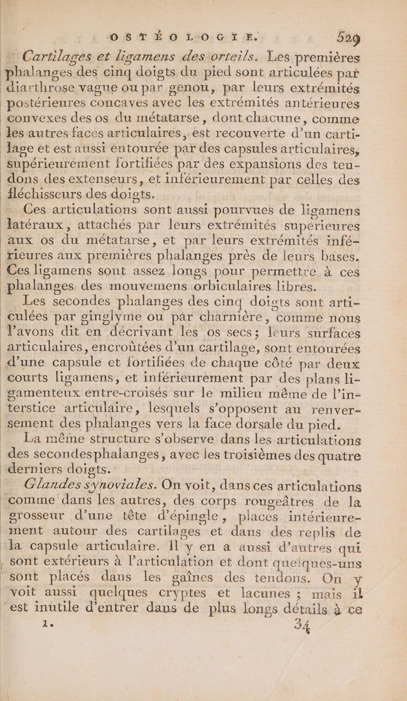 | 40 $ T É © LrO:G TE. 5:59 Cartilages et ligamens des orteils. Les premières postérieures concaves avec les extrémités antérieures convexes des os du métatarse, dont chacune, comme les autres faces articulaires ,.est recouverte d’un carti- dons des extenseurs, et inférieurement par celles des Ces articulations sont aussi pourvues de ligamens aux os du métatarse, et par leurs extrémités infé- rieures aux premières phalanges près de leurs bases. Ces ligamens sont assez longs pour permettre à ces phalanges. des mouvemens orbiculaires libres. Les secondes phalanges des cinq doiïsts sont arti- culées par ginglyme ou pär charnière, comme nous Vavons dit en décrivant les os secs; leurs surfaces articulaires, encroûtées d’un cartilage, sont entourées samenteux entre-croisés sur le milieu même de l’in- terstice articulaire, lesquels s’opposent au renver- sement des phalanges vers la face dorsale du pied. La même structure s’observe dans les articulations des secondesphalanges, avec les troïsièmes des quatre derniers doigts. 4e Glandes synoviales. On voit, dans ces articulations comme dans les autres, des corps rougeâtres de la grosseur d’une tête d’épingle, places intérieure- ment autour des cartilages et dans des replis de sont extérieurs à l'articulation et dont quelques-uns sont placés dans les gaines des tendons. On Ÿ voit aussi quelques cryptes et lacunes ; maïs il A 34