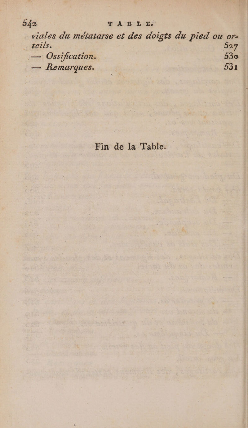 viales du métatarse et des doigts du pied ou or- _ seils. 527 — Ossification. 530 | 531 — Remarques. Fin de la Table.