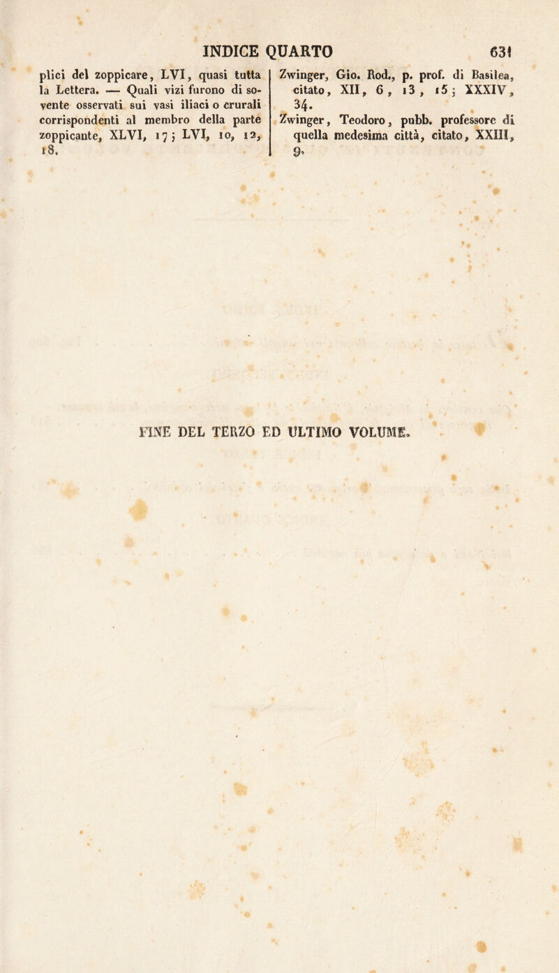 plici del zoppicare, LVI, quasi tutta la Lettera. — Quali vizi furono di so¬ vente osservati sui vasi iliaci o crurali corrispondenti al membro della parte zoppicante, XLVI, 175 LVI, io, 12, 18. Zwinger, Gio. Rod., p. prof, di Basilea, citato, XII, 6, i3, i5; XXXIV, 34. Zwinger, Teodoro, pubb. professore di quella medesima città, citato, XXII!, 9. FINE DEL TERZO ED ULTIMO VOLUME,