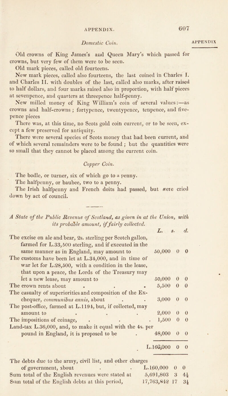 607 Domestic Coin. Old crowns of King James’s and Queen Mary’s which passed for crowns, but very few of them were to be seen. Old mark pieces, called old fourteens. New mark pieces, called also fourteens, the last coined in Charles I, to half dollars, and four marks raised also in proportion, with half pieces at sevenpence, and quarters at threepence half-penny. New milled money of King William’s coin of several values:—as crowns and half-crowns ; fortypence, twentypence, tenpence, and five- pence pieces There was, at this time, no Scots gold coin current, or to be seen, ex- cept a few preserved for antiquity. There were several species of Scots money that had been current, and of which several remainders were to be found ; but the quantities were so small that they cannot be placed among the current coin. Copper Coin. The bodle, or turner, six of which go to a penny. The halfpenny, or baubee, two to a penny. The Irish halfpenny and French doits had passed, but were cried down by act of council. A State of the Public Revenue of Scotland, as given in at the Union, with its probable amount, if fairly collected. L. s. d. The excise on ale and bear, 2s. sterling per Scotch gallon, farmed for L,33,500 sterling, and if executed in the same manner as in England, may amount to 50,000 The customs have been let at L.34,000, and in time of wrar let for L.28,500, with a condition in the lease, that upon a peace, the Lords of the Treasury may let a new lease, may amount to 50,000 The crown rents about . . . 5,500 The casualty of superiorities and composition of the Ex- chequer, communibus annis, about . . 3,000 The post-office, farmed at L.1194, but, if collected, may amount to 2,000 The impositions of coinage, . . . 1,500 Land-tax L.36,000, and, to make it equal with the 4s. per pound in England, it is proposed to be . 48,000 0 0 0 0 0 0 0 0 0 0 0 0 0 0 L. 160,000 0 0 The debts due to the army, civil list, and other charges of government, about . . L. 160,000 0 0 Sum total of the English revenues were stated at 5,691,803 3 4£ Smn total of the English debts at this period, 17,763,842 17 3|