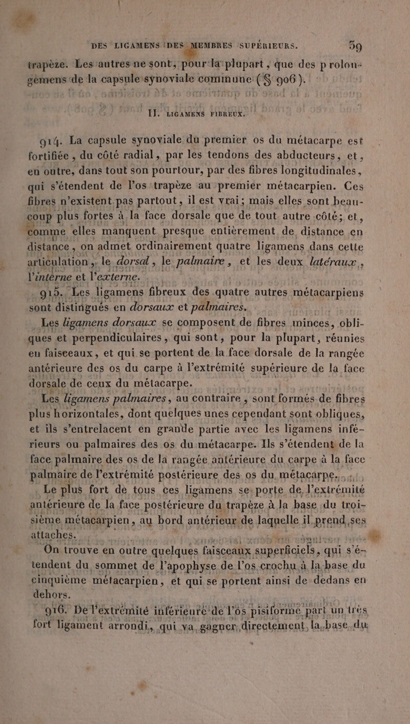 1 DES LIGAMENS #e. or SUPÉRIEURS. 99 trapèze. Les’autres ne sont; pour-latplupart , que des p rolon: semens ‘de la capsule synoviale commune:($ 906 ). IF, LIGAMENS FIBREUX. 914. La capsule synoviale du premier os du métacarpe est fortifiée , du côté radial, par les tendons des abducteurs, et, eu outre, dans tout son pourtour, par des fibres longitudinales, qui s'étendent de los :trapèze au premiér métacarpien. Ces fibres n’existent.pas partout, il est vrai; mais elles sont beau- coup plus fortes à la face dorsale que de tout. autre .côté; et, comme elles manquent presque entièrement de distance en distance, on admet ordinairement quatre ligamens dans cette articulation . le. dorsdl , le ROSE» et les deux latéraux, l’intérne et l’externe. pb. Les ligamens fibreux ‘des quatre autres métacarpiens sont distingués en dorsaux et palmaires. Les ligamens dorsaux se composent de fibres minces, obli- ques et perpendiculaires , qui sont, pour la plupart, réunies eu faisceaux, et qui se portent de la face dorsale de la rangée antérieure des os du carpe à l’extrémité supérieure de la De dorsale de ceux du métacarpe. Les ligamens palmaires , au contraire , sont formés de fibres plus horizontales, dont quelques unes cependant sont obliques, et ils s’entrelacent en grande partie avec les ligamens infé- rieurs ou palmaires des os du métacarpe. Ils s'étendent de la face palmaire des os de la rangée antérieure du carpe à la face palmaire de l'extrémité postérieure des os du. métacarpe..… . Le plus fort de tous ces ligamens se. porte de, l'extrémité antérieure de Ja face postérieure du trapèze à la base du troi- sième métacarpien , au bord antérieur de laquelle i il.prend,ses attaches. On trouve en outre quelques faisceaux AE qui s'é- tendent du, sommet de Japophyse de l'os .crochu à la-base du cinquième métacarpien , et qui se portent ainsi de: dedans en dehors. 916! Del extrémité inférieure: de l’65. pisiforme. part un très fort ligament arrondi, qui va, gagner, directement, la,base.du