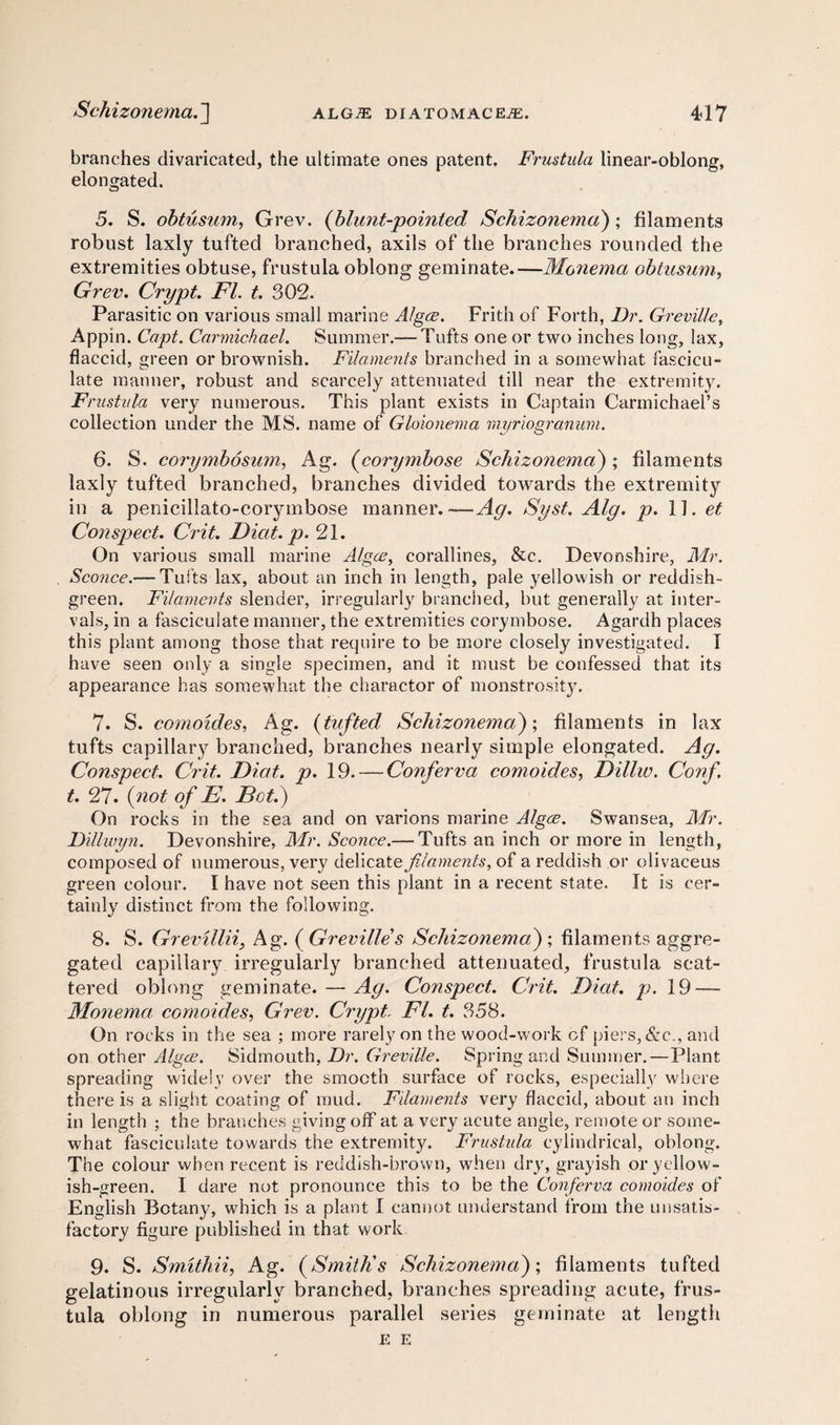 branches divaricated, the ultimate ones patent. Frustula linear-oblong, elongated. 5. S. obtusum, Grev. (blunt-pointed Schizonema) ; filaments robust laxly tufted branched, axils of the branches rounded the extremities obtuse, frustula oblong geminate.—Monema obtusum, Grev. Crypt. FI. t. 302. Parasitic on various small marine Algce. Frith of Forth, Dr. Greville, Appin. Capt. Carmichael. Summer.— Tufts one or two inches long, lax, flaccid, green or brownish. Filaments branched in a somewhat fascicu¬ late manner, robust and scarcely attenuated till near the extremity. Frustula very numerous. This plant exists in Captain Carmichael’s collection under the MS. name of Gloionema myriogranum. 6. S. corymbosum, Ag. (corymbose Schizonema) ; filaments laxly tufted branched, branches divided towards the extremity in a penicillato-corymbose manner.—Ag. Syst. Alg. p.\\. et Conspect. Crit. Diat. p. 21. On various small marine Algce, corallines, &c. Devonshire, Mr. Sconce.— Tufts lax, about an inch in length, pale yellowish or reddish- green. Filaments slender, irregularly branched, but generally at inter¬ vals, in a fasciculate manner, the extremities corymbose. Agardh places this plant among those that require to be more closely investigated. I have seen only a single specimen, and it must be confessed that its appearance has somewhat the charactor of monstrosity. 7. S. comoides, Ag. (tufted Schizonema); filaments in lax tufts capillary branched, branches nearly simple elongated. Ag. Conspect. Crit. Drat. p. 19. — Conferva comoides, Dillw. Conf t. 27. (not of E, Dot.) On rocks in the sea and on varions marine Algce. Swansea, Mr. Dillwyn. Devonshire, Mr. Sconce.— Tufts an inch or more in length, composed of numerous, very delicate filaments, of a reddish or olivaceus green colour. I have not seen this plant in a recent state. It is cer¬ tainly distinct from the following. 8. S. Grevillii, Ag. ( Greville s Schizonema) ; filaments aggre¬ gated capillary irregularly branched attenuated, frustula scat¬ tered oblong geminate. — Ag. Conspect. Crit. Dial. p. 19 — Monema comoides, Grev. Crypt F'l. t. 358. On rocks in the sea ; more rarely on the wood-work of piers,&e., and on other Algce. Sidmouth, Dr. Greville. Spring and Summer.—Plant spreading widely over the smooth surface of rocks, especially where there is a slight coating of mud. Filaments very flaccid, about an inch in length ; the branches giving off at a very acute angle, remote or some¬ what fasciculate towards the extremity. Frustula cylindrical, oblong. The colour when recent is reddish-brown, when dry, grayish or yellow¬ ish-green. I dare not pronounce this to be the Conferva comoides of English Botany, which is a plant I cannot understand from the unsatis¬ factory figure published in that work 9. S. Smithii, Ag. (Smith's Schizonema); filaments tufted gelatinous irregularly branched, branches spreading acute, frus¬ tula oblong in numerous parallel series geminate at length E E