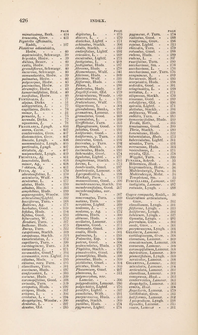 PAGE minutissima, Berk. - 414 truncata, Grev. - - 411 Fegatella officinalis, Raddi, - - - 107 Fissidens adiantoides, Hedw. - - - 40 asplenioides, Schvvaegr. 39 bryoides, Hedw. - - 39 dubius, Beauv. - - 40 exilis, Hedw. - - 39 grandiflorus, Schwaegr. 40 incurvus, Schwaegr. - 40 osmundioides, Hedw. - 39 palmatus, Hedw. - - 40 polycarpus, Hedw. - 43 pulvinatus, Hedw. - 29 strumifer, Hedw. - - 43 tamarindifolius, Brid. - 40 taxifolius, Hedw. - 40 Fontinalis, L. - - 77 alpina, Dicks. - - 51 antipyretica, L. - - 77 capillacea, Dicks. - - 78 minor, L. - - - 51 pennata, L. - - - 75 secunda, Dicks. - - 77 squamosa, L. - 78 Fragilaria, Lyngb. - 406 aurea, Carm. - - 407 confervoides, Grev. - 407 diatomoides, Grev. - 407 lineata, Lvngb. - - 406 nummuloides, Lyngb. - 405 pectinalis, Lyngb. - 407 striatula, Ag. - - 407 unipunctata, Lyngb. - 409 Frustulia, Ag. - -411 lanceolata. Berk. - 418 minor, Ag.. - 418 ? obtusa, Ag. - - 411 Fucus, Ag. - 270 abrotanifolius, L. - 270 acicularis, Wulf. - - 304 aculeatus, L. 277 alatus, Huds. - - 2S0 albidus, Huds. - - 303 amphibius, Huds. - 299 asparagoides, Woodw. 299 articulatus- 302 bacciferus. Turn. - - 268 Balticus, Ag. - - 271 barbatus, Good. - - 269 bifidus, Huds. - - 294 bifidus, Good. - - 293 bifurcatus, W. - - 273 Brodicei, Turn. - - 307 bulbosus, Huds. - - 275 Bursa, Turn. - - 322 cccspitosus, Stackh. - 309 ccBspitosus, Stackh. - 313 canaliculatus, L. - - 272 capillar is. Turn. - - 390 cartilagineus. Turn. - 308 ceranoides, L. - - 271 ceranoides, Gmel. - 306 ceranoides, vars. Lightf. 306 ciliatus, Huds. - - 295 ciliatus, vars. Turn. - 295 I clavellosus, Turn. - 301 coccineus, Huds. - - 297 confervoides, L. - 303 corneus, Huds. - - 309 coronopifolius, Good. - 308 crinalis. Turn. - - 309 crispatus, Huds. - - 292 crispus, Huds. - - 307 crispus, L. - - - 306 cristatus, L. - - - 294 dasyphyllus, Woodw. - 300 dent at us, L. - - - 297 deustus, (Ed. - - 285 PAGE digitalus, L. - - 275 discors, L. - - - 270 distichus, Lightf. - - 271 echinatus, Stackh. - 306 edulis, Stackh. - - 312 endivifolius, Lightf. - 292 ericoules, L. - - - 269 esculentus, Lightf. - 275 fastigiatus, L. 288 fastigiatus, Huds. - 287 Jibrosus, Huds. - - 270 filamentosus, Wulf. - 341 filicinus, Huds. - - 309 filicinus, Wulf. - - 310 filiformis, LIuds. - - 306 Filum, L. 280 fimbriatus, Huds. - 307 flagelliformis, (Ed. - 279 fcenicu/aceus, Woodr. - 269 fceniculaceus, L. - - 270 fruticulosus, Wulf. - 331 Gigartinus, L. 304 glandulosus. Banks, - 297 granateus, Lamour. - 291 granulatus, Good. - 269 granulatus, L. - - 269 Griffithsice, Turn. - 305 Hypoglossum, Good. - 290 jubatus, Good. - - 295 kaliformis, Good. - - 302 kaliformis, y. Turn. - 302 laceratus, Gmel. - 292 laceratus, y. Turn. - 292 lacerus, Stackh. - - 306 laciniatus, Huds, - 293 lichenoides, Good. - 274 ligulatus, Lightf. - - 277 longissimus, Stackh. - 303 loreus, L. 273 lumbricalis, Gmel. - 287 lumbricalis, Lamour. - 287 Lycopodioides, L. - 298 Mackaii, Turn. - - 272 mammillosus. Good. - 306 membranaceus, Stackh. 286 membranifolius, Good. 307 membranifolius, var. Turn. - - - 307 mucronatus, Turn. - 269 natans. Turn. - - 268 nereideus, Lightf. - 309 nodosus, L. - - - 272 nodosus, y. Ag. . - 272 obtusus, Huds. - - 300 obtusus, Huds. - - 300 ocellatus, Lamour. - 291 Opuntia, Good. - - 373 Osmunda, Gmel. - 300 ovalis, Huds. - - 301 palmatus, L. 295 Palmetta, Esp. - - 294 patens. Good. . - 306 pedunculatus, Huds. - 278 Phyllitis, Stackh. - - 276 pinastroides, Gmel. - 298 pinnatifidus, Huds. - 300 pinnatus, Huds. - - 309 pistillatus, Gmel. - - 304 plicatus, Huds. - - 305 Plocamium, Gmel. - 297 plumosus, L. - - 311 polymorphus, var. Lamour. - 306 polypodioides, Lamour. 286 polyschides, Lightf. - 276 prolifer, Lightf. - - 307 punctatus, With. - - 291 purpurascens, Huds. - 303 pusillus, Stackh. - 309 pusillus, Huds. - - 274 pygmceus, Light!'. - 274 PAGE pygmceus, fi. Turn. - 274 radiatus. Good. - - 288 reniformis, Grev. - 296 repens, Lightf. - - 313 rhixodes. Turn. - - 279 rotundus, Gmel. - - 288 rubens, Huds. - - 289 rubens, L. - 307 ruscifo/ius, Turn. - 290 saccharinus, Sm. - - 276 saccharinus, L. - - 276 saccharinus, var. Turn. 276 sanguineus, L. 289 Sarniensis, Mert. - - 295 scorpioides, Huds. - 298 sedoides, Good. - - 301 selaginoides, L. - - 269 serratus, L. - - - 271 siliquosus, Stackh. - 270 sinuosus, Good. - - 289 soboliferus, (Ed. - - 296 spiralis, Lightf. - - 271 ste/latus, Stackh. - - 306 subfuscus, Wood. - 298 subtilis, Turn. - - 283 tamariscifolius, Huds. 269 Teedii, Roth, - - 305 tenuissimus. Good. - 300 Thrix, Stackh. - - 280 tomentosus, Huds. - 322 tuberculatus, Huds. - 273 tuberculatus, Lightf. - 301 ulvoides. Turn. - - 291 verrucosus, Huds. - 303 vesiculosus, L. - 271 virulis, (Ed. - - 378 Wigghii, Turn. - - 390 Funaria, Schreb. - - 55 Hibernica, Hook. - - 56 liygrometrica, Hedw. - 56 Muhlenbergii, Turn. - 56 Muhlenbergii, Mohr. - 56 Templetoni, Sm. - - 55 Furcellaria, Lamour. - 287 tastigiata, Lamour. - 287 rotunda, Lyngb. - - 288 Gagea com pacta, Raddi, - 56 Gastridium articulatum, Grev. - 302 clavellosum, Lyngb. - 301 fdiforme, Lyngb. - - 313 kaliforme, Lyngb. - 302 lubricum, Lyngb. - - 317 Opuntia, Lyngb. - - 281 parvulum, Grev. - - 302 ovale, Grev. ... 301 purpurascens, Lyngb. - 301 Gelidium, Lamour. - 308 cartilagineum, Grev. - 308 clavatum, Lamour. - 309 concatenatum, Lamour. 308 corneum, Lamour. - 309 corouopifolium,Lamour. 308 intricatum, Lamour. - 309 pinnatifidum, Lyngb. - 300 versicolor, Lamour. - 308 Gigartina, Lamour. - 302 acicularis, Lamour. - 304 articulata, Lamour. - 302 clavellosu, Lamour. - 301 compressa, Hook. - - 303 confervoides, Lamour. 303 dasyphylla, Lamour. - 303 erecta, Hook. - - 304 flagellar is, Lamour. - 279 GriffithsiEe, Grev. - 305 kaliformis, Lamour. - 302 Lycopodium, Lyngb. - 298 Opuntia, Lamour. - 313 ovata, Lamour - - 301