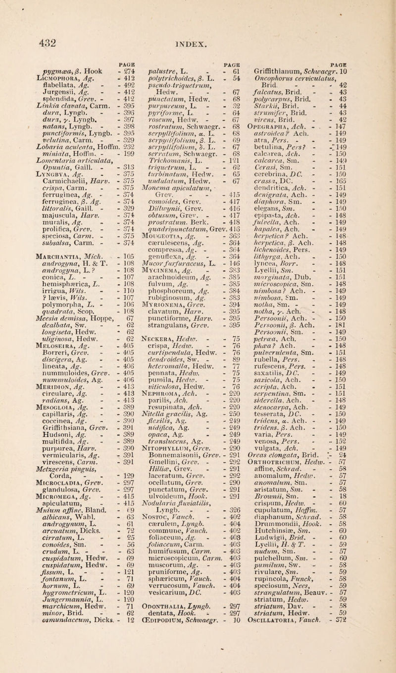 PAGE pygmcea, /3. Hook - 274 LiCMOPHORA, Ag. - 412 flabellata, Ag. - 492 Jurgensii, Ag. - 412 splendida, Grev. - - 412 Linkia clavata, Carm. - 395 dura, Lyngb. - 396 dura, y. Lyngb. - 397 natans, Lyngb. - 398 punctformis, Lyngb. - 395 velutina, Carm. - - 329 Lobaria acu/eafa, HofFm. 232 miniala, HofFm. - - 199 Lomentaria articulata. Opuntia, Gaill. - 313 Lyngbya, Ag. - 375 Carmichaelii, Harv. - 375 crispa, Carm. - 375 ferruginea, Ag. - - 374 ferrnginea, 3- Ag. - 374 littoralis, Gaill. - - 329 majuscula, Harv. - 374 muralis, Ag. - 374 prolifica, Grev. - 374 spcciosa, Carm. - - 375 subsalsa, Carm. - - 374 Marchantia, Mich. - 105 androgyna, H. & T. - 108 androgyna, L. ? - 108 conica, L. - - 107 hemisphan-ica, L. - 108 irrigua, Wils. - 110 ? lsevis, Wils. - 107 polymorpha, L. - - 106 quadrata, Scop. - 108 Meesia demissa, Hoppe, 67 dealbata, Sw. - 62 longiseta, Hedw. - 62 uliginosa, Hedw. - 62 Meloseira, Ag. - 405 Borreri, Grev. - 405 discigera, Ag. - 405 lineata, Ag. - 406 nummuloides, Grev. - 405 nummuloides, Ag. - 406 Meridion, Ag. - 413 circulare, Ag. - 413 radians, Ag. - 413 Mesogloia, Ag. - 389 capi Maris, Ag. - 390 coccinea, Ag. - 390 Griffithsiana, Grev. - 391 Hudsoni, Ag. - 389 multifida, Ag. - 389 purpurea, Harv. - 390 vermicularis, Ag. - 391 virescens, Carm. - 391 Metzgeria pinguis. Corda, - 129 Microcladia, Grev. - 297 glandulosa, Grev. - 297 Micromeg a, Ag. - 415 apiculatum, - 415 Milium affine. Bland. - 69 albicans, Wahl. - 63 androgynum, L. - 61 arcuatum, Dicks. - 72 cirratum, L. - 25 conoides, Sm. - 56 cnidum, L. - - 63 cuspidatum, Hedw. - 69 cuspidatum, Hedw. - 69 Jissum, L. - - - 121 fontanum, L. - 71 hornum, L. - 69 hygrometricum, L. - 120 Jungermannia, L. - 120 marchicum, Hedw. - 71 minor, Brid. - 62 osmundaceum, Dicks. - 12 PAGE palustre, L. - - 61 polytrichoides, (Z. L. - 54 pseudo-triquetrum, Hedw. - - - 67 pun datum, Hedw. - 68 purpureum, L. - 82 pyriforme, L. - - 64 roseum, Hedw. - - 67 rostratum, Schwaegr. - 68 serpyllifolium, at. L. - 68 serpytlifolium, 3- L. - 69 serpyllifolium, S. L. - 67 serratum, Schwaegr. - 68 Trichomanis, L. - 121 triquetrum, L. - 62 turbinatum, Hedw. - 65 undulatum, Hedw. - 67 Monema apiculatum, • Grev. - 415 comoides, Grev. - 417 Dillwynii, Grev. - 416 obtusum, Grev. . . 417 prostratum. Berk. - 418 quadripunctatum, Grev. 416 Mougeotia, yfg. - - 363 cserulescens, .4g. - 364 compressa, Jg. - - 364 genuflexa, Ag. - - 364 Mucor furfuraceus, L. - 146 Mycinema, Ag. - - 383 arachnoideum, Ag. - 385 fulvum, Ag. - - 385 phosphoreum, Ag. - 384 rubiginosum, Ag. - 383 Myrionema, Grev. - 394 clavatum, Harv. - 395 puncti forme, Harv. - 395 strangulans, Grev. - 395 Neckera, Hedw. - - 75 crispa, Hedw. - - 76 curtipendula, Hedw. - 76 dendroides, Sw. - - 89 heteromalla, Hedw. - 77 pennata, Hedw. - 75 puroila, Hedw. - - 75 viticulosa, Hedw. - 76 Nephroma, Ach. - -220 parilis, Ach. - - 220 resupinata, Ach. - 220 Nitella gracilis, Ag. - 250 flexilis, Ag. - - 249 nidifica, Ag. - - 249 opaca, Ag. - - 249 translucens, Ag. - 249 Nitophyllijm, Grev. - 290 Bonnemaisonii, Grev. - 291 Gm ell ini, Grev. - -292 Hillice, Grev. . - 291 laceratum. Grev. - 292 ocellatum, Grev. - 290 punctatum, Grev. - 291 ulvoideum. Hook. - 291 Nodularia fluviatilis, Lyngb. ... 326 Nostoc, Vauch. - - 402 casrulem, Lyngb. - 404 commune, Vauch. - 402 foliaceum, Ag. - - 408 foliaceum, Carm. - 403 humifusum, Carm. - 403 microscopicum, Carm. 403 muscorum, Ag. - - 403 pruniforme, Ag. - 403 spharicum, Vauch. - 404 verrucosum, Vauch. - 404 vesicarium, DC. - 403 OnoNTHALiA, Lyngb. - 297 dentata, Hook. ~ - 297 CEdipojdium, Schwaegr. - 10 PAGE Griffithianum, Schwaegr. 10 Oncophorus cerviculatus, Brid. - 42 falcatus, Brid. - 43 polycarpus, Brid. - 43 St ark ii, Brid. - 44 strumifer, Brid. - 43 virens, Brid. - 42 Opegrapha, Ach. - . - 147 astroidea? Ach. - 149 atra, Pers. - - 149 betul in a, Pers ? - -“149 calcarea, Ach. -'150 calcarea. Sin. - 149 Cerasi, Sm. - 151 cerebrina, DC. - 150 crassa, DC. - 165 dendritica, Ach. - - 151 denigrata, Ach. - - 149 diaphora, Sm. - 149 elegans, Sm. - 150 epipasta, Ach. - 148 fulvella, Ach. - 149 hapalea, Ach. - 149 herpeticaf Ach. - 148 herpetica, /3. Ach. - 148 lichenoides, Pers. - 149 lithyrga, Ach. - 150 lyncea, Borr. - 148 Lyellii, Sm. - 151 mnrginata. Dub. - 151 microscopica, Sm. - 148 nimbosa? Ach. - - 149 nimbosa, 8m. - 149 notha, Sm. - - 149 nothci, y. Ach. - 148 Persoonii, Ach. - - 150 Persoonii, (3. Ach. - 181 Persoonii, Sm. - 149 petrcea, Ach. - 150 phcea? Ach. - 148 pulverulenta, Sm. - 151 rubella, Pers. - 148 rufescens, Pers. - - 148 saxatilis, DC. - 149 saxicola, Ach. - 150 scripta, Ach. - 151 serpentina, Sm. - - 151 siderella, Ach. - 148 stenocarpa, Ach. - 149 tesserata, DC. - 150 tridens, at. Ach. - ■ 149 tridens. 3- Ach. - - 150 varia, Pers. - 149 venosa, Pers. - 152 vulgata, Ach. - 149 Oreas elongata, Brid. 24 Orthotrichum, Hedw. - 57 affine, Schrad. - 58 anomalum, Hedw. - 57 anomalum, Sm. - 57 aristatum, Sm. - 58 Brownii, Sm. - 18 crispum, Hedw. - - 60 cupulatum, Hoffim. - 57 diaphanum, Schrad. - 58 Drummondii, Hook. - 58 Hutchinsiae, Sm. - 60 Ludwigii, Brid. - - 60 Lyellii, H. 8; T. - - 59 nudum, Sm. - 57 pulchellum, Sm. - - 60 pumilum, Sw. - 58 rivulare, Sm. - 59 rupincola, Funck, - 58 speciosum, Nees, - 59 strangulatum, Beauv. - 57 striatum, Hedw. - 59 striatum, Dav. - 58 striatum, Hedw. - 59 Oscillatoria, Vauch. - 372