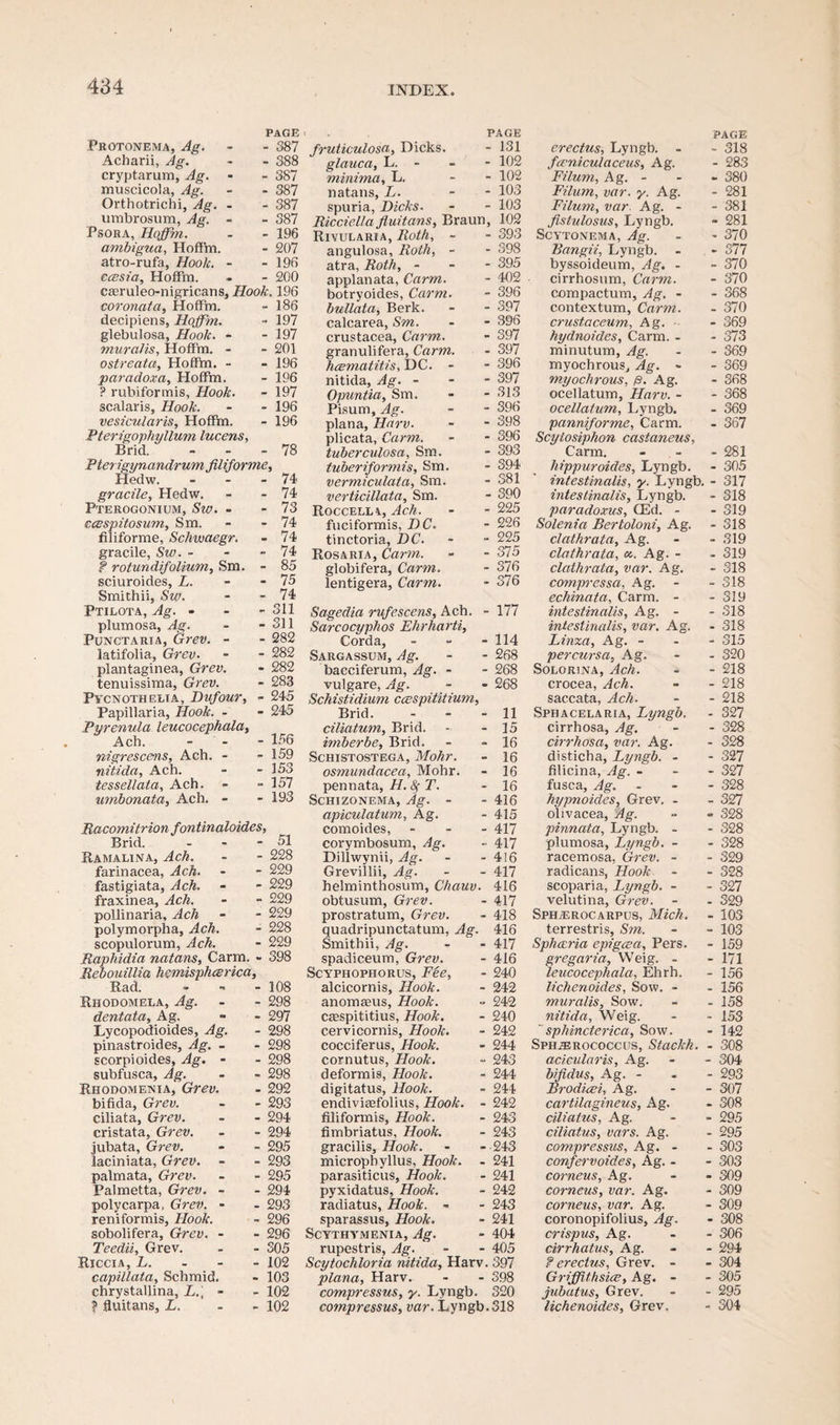 PAGE PAGE PAGE Protonema, Ag. - 387 fruticulosa, Dicks. - 131 erectus, Lyngb. - - 318 Acliarii, Ag. - 388 glauca, L. - minima, L. - 102 fceniculaceus, Ag. - 283 cryptarum, Ag. - 387 - 102 Filum, Ag. - - 380 muscicola, Ag. - 387 natans, L. - 103 Filum, var. y. Ag. - 281 Orthotrichi, Ag. . - 387 spuria, Dicks. - 103 Filum, var. Ag. - - 381 umbrosum, Ag. - - 387 Ricciella fluitans, Braun, 102 fistulosus, Lyngb. - 281 Psora, Hoffm. - 196 Rivularia, Roth, - - 393 SCYTONEMA, Ag. - 370 ambigua, Hoffm. - 207 angulosa, Roth, - - 398 Bangii, Lyngb. - . - 377 atro-rufa, Hook. - - 196 atra, Roth, - - 395 byssoideum, Ag. - - 370 ccesia, Hoffm. - 200 applanata, Carm. - 402 cirrhosum, Carm. - 370 caeruleo-nigncans. Hook. 196 botryoides, Carm. - 396 compactum, Ag. - - 368 coronata, Hoffm. - 186 bullata. Berk. - 397 contextum, Carm. - 370 decipiens, Hoffm. - 197 calcarea, Sm. - 396 crustaceum, Ag. • - 369 glebulosa, Hook. - - 197 Crustacea, Carm. - 397 hydnoides, Carm. - - 373 muralis, Hoffm. - - 201 granulifera, Carm. hcematitis, DC. - - 397 minutum, Ag. - 369 ostreata, Hoffm. - - 196 - 396 myochrous, Ag. - - 369 paradox a, Hoffm. - 196 nitida, Ag. - - 397 myochrous, p. Ag. - 368 ? rubiformis. Hook. - 197 Opuntia, Sm. - 313 ocellatum, Harv. - - 368 scalaris, Hook. - 196 Pisum, Ag. - 396 ocellatum, Lyngb. - 369 vesicularis, Hoffm. - 196 plana, Harv. - 398 panniforme, Carm. - 367 Pterigophyllum lucens, Brid. - 78 plicata, Carm. tuberculosa, Sm. - 396 - 393 Scylosiphon castaneus, Carm. - 281 Pterigynandrum filiforme. tuberiformis, Sm. - 394 hippuroides, Lyngb. - 305 Hedw. - 74 vermiculata, Sm. - 381 intestinalis, y. Lyngb. , - 317 gracile, Hedw. - 74 verticillata, Sm. - 390 intestinalis, Lyngb. - 318 Pterogonium, Sw. - - 73 Roccella, Ach. - 225 paradoxus, CEd. - - 319 ccespitosum, Sm. - 74 fuciformis, DC. - 226 Solenia Bertoloni, Ag. - 318 filiforme, Schwaegr. - 74 tinctoria, DC. - 225 clathrata, Ag. - 319 gracile, Sw. - - 74 Rosaria, Carm. - 375 clathrata, a. Ag. - - 319 t rotundi'folium, Sm. - 85 globifera, Carm. - 376 clathrata, var. Ag. - 318 sciuroides, L. - 75 lentigera, Carm. - 376 compressa, Ag. echinata, Carm. - intestinalis, Ag. - - 318 Smithii, Sw. Ptilota, Ag. - - 74 - 311 Sagedia rufescens, Ach. - 177 - 319 - 318 plumosa, Ag. - 311 Sarcocyphos Ehrharti, intestinalis, var. Ag. - 318 Punctarta, Grev. - - 282 Corda, - 114 Linza, Ag. - - 315 latifolia, Grev. - 282 Sargassum, Ag. - 268 per cursa, Ag. - 320 plantaginea, Grev. - 282 baceiferum, Ag. - - 268 Solorjna, Ach. - 218 tenuissima, Grev. - 283 vulgare, Ag. - 268 crocea, Ach. - 218 PVCNOTHELIA, Dufour, - 245 Schistidium ccespititium, i saccata, Ach. - 218 Papillaria, Hook. - - 245 Brid. - 11 Sphacelaria, Lyngb. - 327 Pyrenula leucocephala. - 156 ciliatum, Brid. - 15 cirrhosa, Ag. - 328 Ach. imberbe, Brid. - 16 cirrhosa, var. Ag. - 328 nigrescens, Ach. - - 159 Schistostega, Mohr. - 16 distich a, Lyngb. - - 327 nitida, Ach. - 153 osmundacea, Mohr. - 16 filicina, Ag. - - 327 tessellata, Ach. 157 pennata, H. Sf T. - 16 fusca, Ag. - 328 umbonata, Ach. - - 193 Schizonema, Ag. - - 416 hypnoides, Grev. - - 327 Racomitrion fontinaloides, apiculatum, Ag. comoides, - 415 - 417 olivacea, Ag. pinnata, Lyngb. - - 328 - 328 Brid. - 51 corymbosum, Ag. - 417 plumosa, Lyngb. - - 328 Ramalina, Ach, - 228 Dillwynii, Ag. - 416 racemosa, Grev. - radicans, Hook scoparia, Lyngb. - - 329 farinacea, Ach. - 229 Grevillii, Ag. - 417 - 328 fastigiata, Ach. - 229 helminthosum, Chauv. 416 - 327 fraxinea, Ach. - 229 obtusum, Grev. - 417 velutina, Grev. - 329 pollinaria, Ach - 229 prostratum, Grev. - 418 Sph/erocarpus, Mich. - 103 polymorpha, Ach. - 228 quadripunctatum, Ag. 416 terrestris, Sm. - 103 scopulorum, Ach. - 229 Smithii, Ag. - 417 Sphairia epigcea, Pers. - 159 Raphidia natans, Carm. - 398 spadiceum, Grev. - 416 gregaria, VVeig. - - 171 Rebouillia hemisphcerica Scyphophorus, Fee, - 240 leucocephala, Ehrh. - 156 Rad. - 108 alcicornis, Hook. - 242 lichenoides. Sow. - - 156 Rhodomela, Ag. - 298 anomeeus, Hook. - 242 muralis. Sow. - 158 dentata, Ag. - 297 crespititius, Hook. - 240 nitida, Weig. - 153 Lycopodioides, Ag. - 298 cervicornis, Hook. - 242 ' sphincterica. Sow. - 142 pinastroides, Ag. - - 298 cocciferus, Hook. - 244 Sph^rococcus, Stackh. - 308 scorpioides, Ag. - - 298 cornutus, Hook. - 243 acicularis, Ag. - 304 subfusca, Ag. - 298 deformis, Hook. - 244 bifidus, Ag. - - 293 Rhodomenia, Grev. - 292 digitatus, Hook. - 244 Rrodicei, Ag. - 307 bifida, Grev. - 293 endiviaafolius, Hook. - 242 cartilagineus, Ag. - 308 ciliata, Grev. - 294 filiformis, Hook. - 243 ciliatus, Ag. - 295 cristata, Grev. - 294 fimbriatus, Hook. - 243 ciliatus, vars. Ag. - 295 jubata, Grev. - 295 gracilis, Hook. -243 compressus, Ag. - - 303 laciniata, Grev. - 293 micropbyllus, Hook. - 241 confervoides, Ag. - - 303 palmata, Grev. - 295 parasiticus. Hook. - 241 corneus, Ag. - 309 Palmetta, Grev. - - 294 pyxidatus, Hook. - 242 corneus, var. Ag. - 309 polycarpa, Grev. - - 293 radiatus, Hook. - - 243 corneus, var. Ag. coronopifolius, Ag. - 309 reniformis, Hook. - 296 sparassus, Hook. - 241 - 308 sobolifera, Grev. - - 296 SCYTHYMENIA, Ag. - 404 crispus, Ag. - 306 Teedii, Grev. - 305 rupestris, Ag. - 405 cirrhatus, Ag. - 294 Riccia, L. - 102 Scytochloria nitida, Harv. 397 f erectus, Grev. - - 304 capillata, Schmid. - 103 plana, Harv. - 398 Griffithsice, Ag. - - 305 chrystallina, L.\ - - 102 compressus, y. Lyngb. 320 jubatus, Grev. - 295 ? fluitans, L. - 102 compressus, var. Lyngb.318 lichenoides, Grev. - 304