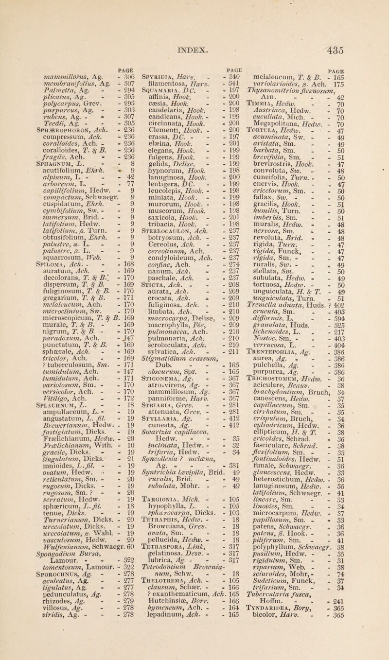 PAGE mammillosus, Ag. - 306 membranifolius, Ag. - 307 Palmetto,, Ag. - - 294 plicatus, Ag. - - 305 polycarpus, Grev. - 293 purpureus, Ag. - - 303 rubens, Ag. - 307 Teedii, Ag. - 305 Sphabrophoron, Ach. - 236 compressum, Ach. - 236 coralloides, Ach. - - 236 coralloides, T. Sf B. - 236 fragile, Ach. - - 236 Sphagnum, L. - - 8 acutifolium, Ehrh. - 9 alpinum, L. - - - 42 arboreum, L. -• • 77 capillifolium, Hedw. - 9 compactum, Schwaegr. 9 cuspidatum, Ehrh. - 9 cymbifolium, Sw. 9 immersum, Brid. - 9 latifolium, Hedw. - 9 latifolium, /3. Turn. - 9 obtusifolium, Ehrh. - 9 palustre, a. L. - - 9 palustre, p. L. 9 squarrosum, Web. - 9 Spiloma, Ach. - - - 168 auratura, Ach. - - 169 decolorans, T. 8f B.\ - 170 dispersum, T. Sf B. - 169 fuliginosum, T. <§• B. - 170 gregarium, T. Sf B. - 171 melctleucum, Ach. - 170 microclinium, Sw. - 170 microscopicum, T. Sf B. 169 murale, T. Sf B. - - 169 nigrum, T. Sf B. - - 170 paradoxum, Ach. - J47 punctatum, T. Sf B. • 169 sphasrale, Ach. - - 169 tricolor, Ach. - - 169 P tuberculosum, Sm. - 171 tumidulum, Ach. - 147 tumidulum, Ach. - 171 variolosum, Sm. - - 170 versicolor, Ach. - -170 Vitiligo, Ach. - - 172 Splachnum, L. - - 18 ampullaceum, L. - - 19 angustatum, L. fil. - 19 Brewerianum, Hedw. - 19 fastigiatum, Dicks. - 19 Fraslichianum, Hedw. - 20 Frcelichianum, With. - 10 gracile, Dicks. - - 19 lingulatum, Dicks. - 21 mnioides, L.fil. - - 19 ovatum, Hedw. - 19 reticulatum, Sm. - - 20 rugosum, Dicks. - - 19 rugosum, Sm. ? - 20 serratum, Hedw. - 19 sphsericum, I,, fil. - 18 tenue, Dicks. - - 19 Turnerianum, Dicks. - 20 urceolatum, Dicks. - 19 urceolatum, p. Wahl. - 19 vasculosum, Hedw. - 20 Wulfenianum, Schwaegr. 60 Spongodium Bursa, Lam our. - 322 tomentosum, Lamour. - 322 Sporochnus, Ag. - - 278 aculeatus, Ag. - - 277 ligulatus, Ag. - - Til pedunculatus, Ag. - 278 rhizodes, Ag. - - 279 villosus, Ag. - - 278 viridis, Ag. - - - 278 PAGE Spyridta, Harv. - 340 filamentosa, Harv. - 341 Squamaria, DC. - 197 affinis, Hook. - 200 cassia, Hook. - 200 Candelaria, Hook. - 198 candicans, Hook. - - 199 circinnata, Hook. - 200 Clementi, Hook. - - 200 crassa, DC. - - 197 elseina, Hook. - 201 elegans, Hook. - 199 fulgens, Hook. - 199 gelida, Delise, - 199 hypnorum. Hook. - 198 lanuginosa, Hook. - 200 lentigera, DC. - 199 leucolepis, Hook. - - 198 miniata, Hook. - 199 murorum, Hook. - - 198 rnuscorum, Hook. - 198 saxicola, ITook. - 201 tribacia, Hook. - 198 Stereocaulon, Ach. - 237 botryosum, Ach. - - 237 Cereolus, Ach. - 237 cereolinum, Ach. - 237 condyloideum, Ach. - 237 confine, Ach. - 274 nanum, Ach. - 237 paschale, Ach. - 237 Sticta, Ach. - - 208 aurata, Ach. - 209 crocata, Ach. - 209 fuliginosa, Ach. - - 210 limbata, Ach. - 210 macrocarpa, Delise, - 209 'macrophylla, Fee, - 209 pulmonacea, Ach. - 210 pulmonaria, Ach. - 210 scrobiculata, Ach. - 210 sylvatica, Ach. - 211 Stigmatidium crctssum, Dub. - 165 obscurum, Spr. - 165 Stigonema, Ag. - 367 atro-virens, Ag. - - 367 mammillosum, Ag. - 367 panniforme, Harv. - 367 Striaria, Grev. - 281 attenuata, Grev. - - 281 Styllaria, Ag. - 412 cuneata, Ag. - 412 Swartzia capillacea. Hedw. - 35 inclinata, Hedw. - - 32 tr if aria, Hedw. - - 34 Syncollesia ? melcena. Ag. = - 381 Syntrichia Icevipila, Brid. 49 ruralis, Brid. - 49 subulata, Mohr. - „ 49 Targionia, Mich. - - 105 hypophylla, L. - 105 sphcerocarpa, Dicks. - 103 Tetraphis, Hedw. - - 18 Browniana, Grev. - 18 ovata, Sm. - - 18 pellucida, Hedw. - - 18 Tetraspora, Link, - 317 gelatinosa, Desv. - - 317 lubrica, Ag. - - 317 Tetrodontium Brownia- num, Schw. - 18 Thelotrema, Ach. - - 105 clausum, Schasr. - - 166 ? exanthematicum, Ach. 165 Hutchinsias, Borr. - 166 hymeneum, Ach. - - 164 lepadinum, Ach. - - 165 PAGE melaleucum, T. Sf B. - 165 variolarioides, p. Ach. 175 Thysanomitrion flexuosum, Arn. - - - 42 Timmia, Hedw. - - 70 Austriaca, Hedw. - 70 cucullata, Mich. - - 70 Megapolitana, Hedw. - 70 Tortula, Hedw. - - 47 acuminata, Sw. - - 49 aristata, Sm. - - 49 barbata, Sm. . - 50 brevifolia, Sm. - - 51 brevirostris. Hook. - 47 convoluta, Sw. - - 48 cuneifolia, Turn. - - 50 enervis, Hook. - - 47 ericetorum., Sm. - - 50 fallax, Sw. - - - 50 gracilis, Hook. - - 51 humilis. Turn. - - 50 imberbis, Sm. - - 51 muralis, Hedw. - - 48 nervosa, Sm. - - 48 revoluta, Brid. - - 48 rigida, Turn. - - 47 rigida, Funck, - - 47 rigida, Sm, - - - 47 ruralis, Sw. - - ,49 stellata, Sm. - -50 subulata, Hediv. - - 49 tortuosa, Hedw. - - 50 unguiculata, H. 8f T. - 49 unguiculata. Turn. - 51 Tremella adnata, Huds. ? 402 cruenta, Sm. - - 403 dijformis, L. - 394 granulata, Huds. - 325 lichenoides, L. 217 Nostoc, Sm. ... 403 verrucosa, L. 404 Trentepohlia, Ag. - 386 aurea, Ag. . - . 386 pulchella, Ag. - - 386 purpurea, Ag. - - 386 Trichostomum, Hediv. - 36 aciculare, Beauv. - 38 brachydontium, Bruch, 34 canescens, Hedw. - 37 capillaceum, Sm, - 35 cirrhatum, Sm. - - 35 crispulum, Bruch, - 34 cylindricum, Hedw. - 36 ellipticum, H. Sf T. - 38 ericoides, Schrad. - 36 fasciculare, Schrad. . 38 fiexifolium, Sm. - - 33 fontinaloides, Hedw. - 51 funale, Schwaegr. - 36 glaucescens, Hedw. - 33 heterostichum, Hedw. - 36 lanuginosum, Hedw. - 36 latifolium, Schwaegr. - 41 line are, Sm. - - 33 linoides, Sm. - - 34 microcarpum, Hedw. - 37 papillosum, Sm. - - 33 patens, Schwaegr. . 36 patens, (3. Hook. - - 36 piliferum, Sm. - - 41 polyphyllum, Schwaegr. 38 pusillum, Hedw. - - 35 rigidulum, Sm. - - 31 riparium, Web. - - 38 sciuroides, Mohr, - - 74 Sudeticum, Funck, - 37 trifarium, Sm. - - 34 Tubercularia fusca, Hoffm. ... 241 Tyndaridea, Bory, - 365 bicolor, Harv. - - 365
