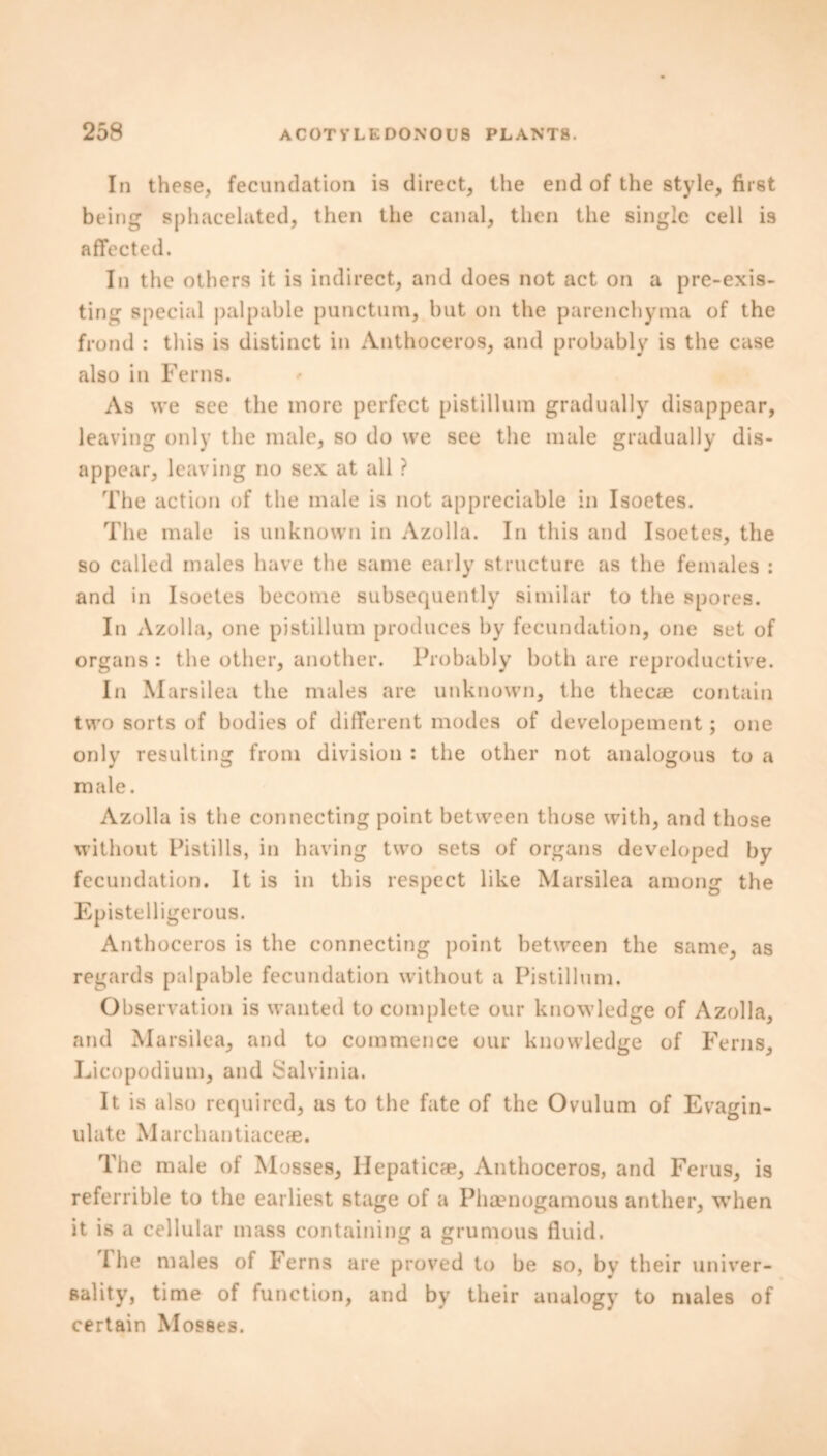 In these, fecundation is direct, the end of the style, first being sphacelated, then the canal, then the single cell is affected. In the others it is indirect, and does not act on a pre-exis- ting special palpable punctual, but on the parenchyma of the frond : this is distinct in Anthoceros, and probably is the case also in Ferns. As we see the more perfect pistillmn gradually disappear, leaving only the male, so do we see the male gradually dis- appear, leaving no sex at all ? The action of the male is not appreciable in Isoetes. The male is unknown in Azolla. In this and Isoetes, the so called males have the same early structure as the females : and in Isoetes become subsequently similar to the spores. In Azolla, one pistillum produces by fecundation, one set of organs : the other, another. Probably both are reproductive. In Marsilea the males are unknown, the thecae contain two sorts of bodies of different modes of developement; one only resulting from division : the other not analogous to a male. Azolla is the connecting point between those with, and those without Pistills, in having two sets of organs developed by fecundation. It is in this respect like Marsilea among the Epistelligerous. Anthoceros is the connecting point between the same, as regards palpable fecundation without a Pistillum. Observation is wanted to complete our knowledge of Azolla, and Marsilea, and to commence our knowledge of Ferns, Licopodium, and Salvinia. It is also required, as to the fate of the Ovulum of Evagin- ulate Marchantiaceae. The male of Mosses, Ilepaticae, Anthoceros, and Ferus, is referrible to the earliest stage of a Phaenogamous anther, when it is a cellular mass containing a grumous fluid. The males of Ferns are proved to be so, by their univer- sality, time of function, and by their analogy to males of certain Mosses.