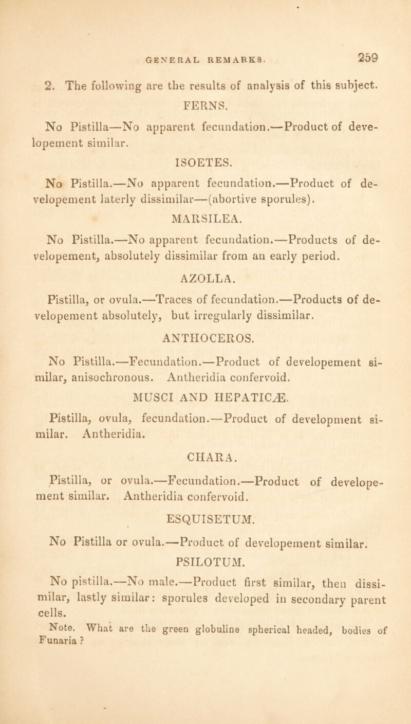 2. The following are the results of analysis of this subject. FERNS. No Pistilla—No apparent fecundation.—Product of deve- lopement similar. ISOETES. No Pistilla.—No apparent fecundation.—Product of de- velopement laterly dissimilar—(abortive sporules). MARSILEA. No Pistilla.—No apparent fecundation.—Products of de- velopement, absolutely dissimilar from an early period. AZOLLA. Pistilla, or ovula.—Traces of fecundation.—Products of de- velopement absolutely, but irregularly dissimilar. ANTHOCEROS. No Pistilla,—Fecundation.—Product of developement si- milar, anisochronous. Antheridia confervoid. MUSCI AND HEPATIC^. Pistilla, ovula, fecundation.—Product of development si- milar. Antheridia. OHARA. Pistilla, or ovula.—Fecundation.—Product of develope- ment similar. Antheridia confervoid. ESQUISETUM. % No Pistilla or ovula.—Product of developement similar. PSILOTUM. No pistilla.—No male.—Product first similar, then dissi- milar, lastly similar: sporules developed in secondary parent cells. Note. What are the green globulin© spherical headed, bodies of Funaria ?