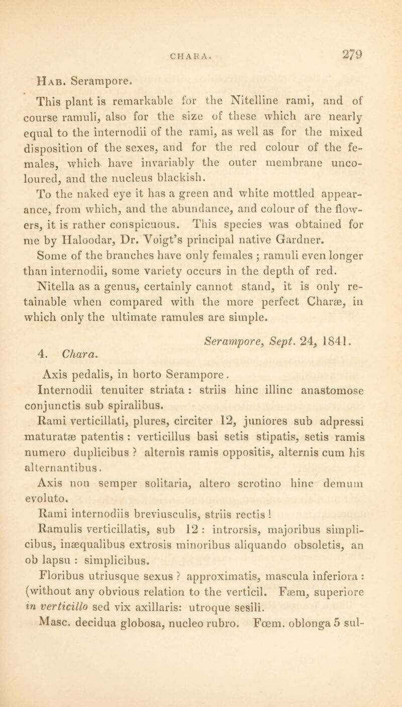 Hab. Serampore. This plant is remarkable for the Nitelline rami, and of course ramuli, also for the size of these which are nearly equal to the internodii of the rami, as well as for the mixed disposition of the sexes, and for the red colour of the fe- males, which have invariably the outer membrane unco- loured, and the nucleus blackish. To the naked eye it has a green and white mottled appear- ance, from which, and the abundance, and colour of the flow- ers, it is rather conspicuous. This species was obtained for me by Haloodar, Dr. Voigt’s principal native Gardner. Some of the branches have only females ; ramuli even longer than internodii, some variety occurs in the depth of red. Nitella as a genus, certainly cannot stand, it is only re- tainable when compared with the more perfect Charae, in which only the ultimate ramules are simple. Serampore, Sept. 24, 1841. 4. Char a. Axis pedalis, in horto Serampore. Internodii tenuiter striata : striis hinc illinc anastomose conjunctis sub spiralibus. Rami verticillati, plures, circiter 12, juniores sub adpressi maturatae patentis : verticillus basi setis stipatis, setis ramis numero duplicibus ? alternis ramis oppositis, alternis cum his alternantibus. Axis non semper solitaria, altero scrotino hinc demum evoluto. Rami internodiis breviusculis, striis rectis ! Ramulis verticillatis, sub 12 : introrsis, majoribus simpli- cibus, inaequalibus extrosis minoribus aliquando obsoletis, an ob lapsu : simplicibus. Floribus utriusque sexus ? approximate, mascula inferiora : (without any obvious relation to the verticil. Faem, superiore in verticillo sed vix axillaris: utroque sesili. Masc. decidua globosa, nucleo rubro. Foem. oblonga 5 sul-