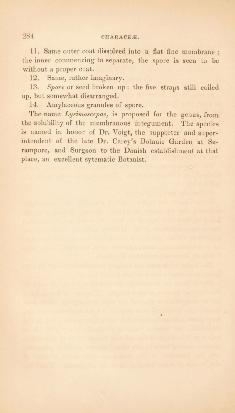11. Same outer coat dissolved into a flat fine membrane; the inner commencing to separate, the spore is seen to be without a proper coat. 12. Same, rather imaginary. 13. Spore or seed broken up : the five straps still coiled up, but somewhat disarranged. 14. Amylaceous granules of spore. The name Lysimoscepas, is proposed for the genus, from the solubility of the membranous integument. The species is named in honor of Dr. Voigt, the supporter and super- intendent of the late Dr. Carey’s Botanic Garden at Se- rampore, and Surgeon to the Danish establishment at that place, an excellent sytematic Botanist.