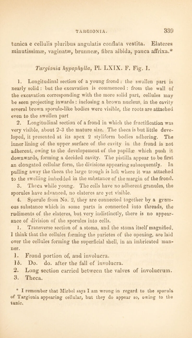tunica e cellulis pluribus angulatis confiata vestita. Elateres minutissimee, vaginatee, brunneae, fibra albida, pauca affrixa,* Tcirgionia hypophylla, PI. LXIX. F. Fig. I. 1. Longitudinal section of a young frond : the swollen part is nearly solid : but the excavation is commenced : from the wall of the excavation corresponding with the more solid part, cellules may be seen projecting inwards : inclosing a brown nucleus, in the cavity several brown sporule-like bodies were visible, the roots are attached even to the swollen part 2. Longitudinal section of a frond in which the fructification was very visible, about 2-3 the mature size. The theca is but little deve- loped, it presented at its apex 2 styliform bodies adhering. The inner lining of the upper surface of the cavity in the frond is not adherent, owing to the developement of the papillae which push it downwards, forming a decided cavity. The pistilia appear to be first an elongated cellular form, the divisions appearing subsequently. In pulling away the theca the large trough is left where it was attached to the swelling imbedded in the substance of the margin of the frond, 3. Theca while young. The cells have no adherent granules, the sporules have advanced, no elateres are yet visible. 4. Sporule from No. 2, they are connected together by a gram- ous substance which in some parts is connected into threads, the rudiments of the elateres, but very indistinctly, there is no appear- ance of division of the sporules into cells. J. Transverse section of a stoma, and the stoma itself magnified. I think that the cellules forming the parietes of the opening, are laid over the cellules forming the superficial shell, in an imbricated man- ner. 1. Frond portion of, and involucra. \b. Do. do. after the fall of involucra. 2. Long section carried between the valves of involucrurn. 3. Theca. * I remember that Mirbel says I am wrong in regard to the sporula of Targionia appearing cellular, but they do appear so, owing to the tunic.