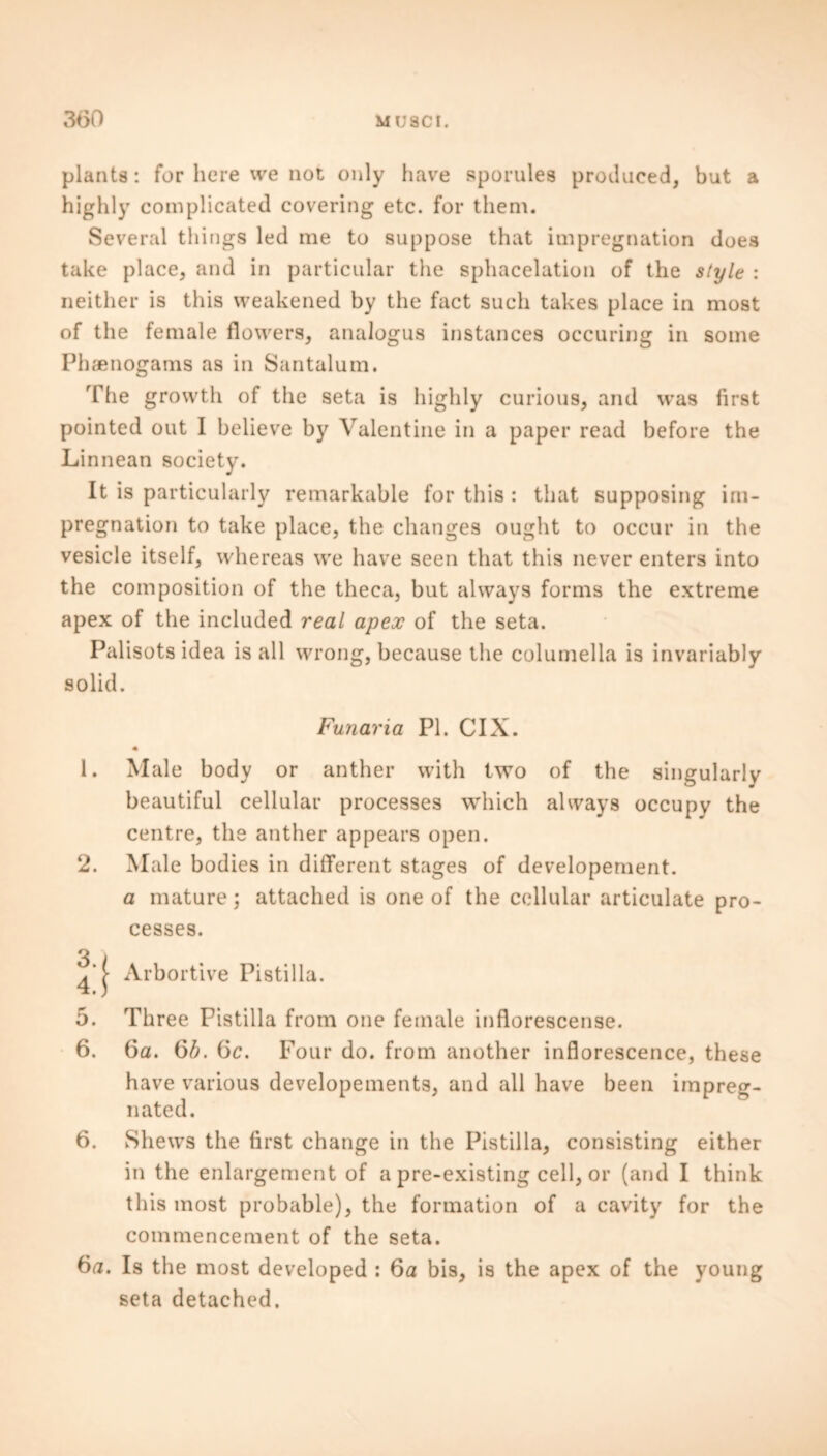 plants: for here we not only have sporules produced, but a highly complicated covering etc. for them. Several things led me to suppose that impregnation does take place, and in particular the sphacelation of the style : neither is this weakened by the fact such takes place in most of the female flowers, analogus instances occuring in some Phaenogams as in Santalum. The growth of the seta is highly curious, and wras first pointed out I believe by Valentine in a paper read before the Li nnean society. It is particularly remarkable for this : that supposing im- pregnation to take place, the changes ought to occur in the vesicle itself, whereas we have seen that this never enters into the composition of the theca, but always forms the extreme apex of the included real apex of the seta. Palisots idea is all wrong, because the columella is invariably solid. Funaria PI. CIX. 1. Male body or anther with two of the singularly beautiful cellular processes which always occupy the centre, the anther appears open. 2. Male bodies in different stages of developement. a mature; attached is one of the cellular articulate pro- cesses. Arbortive Pistilla. 5. Three Pistilla from one female inflorescense. 6. 6a. 61). 6c. Four do. from another inflorescence, these have various developements, and all have been impreg- nated. 6. Shews the first change in the Pistilla, consisting either in the enlargement of a pre-existing cell, or (and I think this most probable), the formation of a cavity for the commencement of the seta. 6a. Is the most developed : 6a bis, is the apex of the young seta detached.