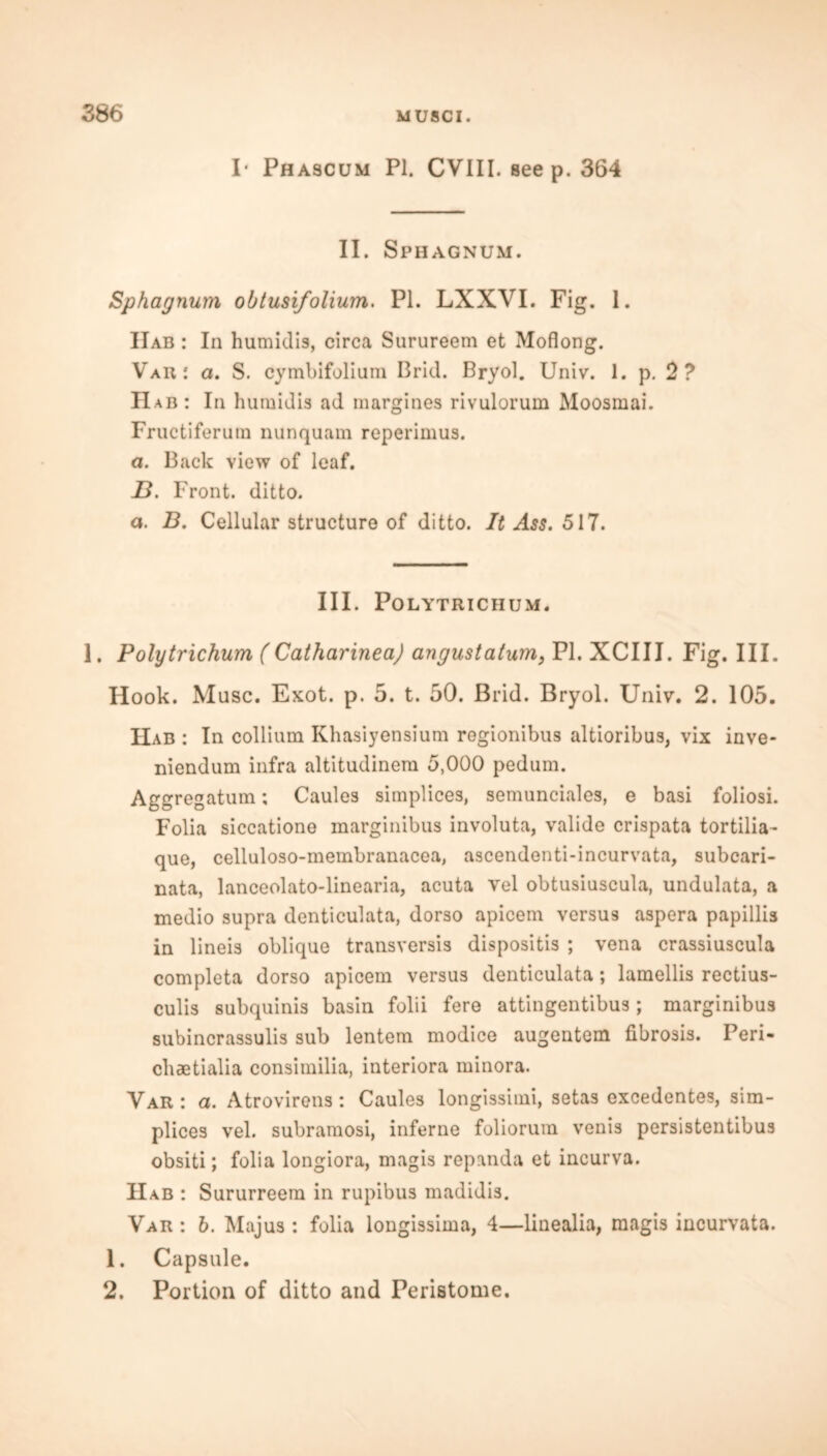 I* Phascum PI. CVIII. see p. 364 II. Sphagnum. Sphagnum obtusifolium. PI. LXXVI. Fig. 1. IIab : In humidis, circa Surureem et Moflong. Var: a. S. cymbifolium Brid. Bryol. Univ. 1. p. 2 ? IIab : In humidis ad margines rivulorum Moosmai. Fructiferum nunquam reperimus. a. Back view of leaf. 13. Front, ditto. a. B. Cellular structure of ditto. It Ass. 517. III. POLYTRICIIUM. 1. Polytrichum (Catharinea) angustatum, PI. XCIII. Fig. III. Hook. Muse. Exot. p. 5. t. 50. Brid. Bryol. Univ. 2. 105. Hab : In collium Khasiyensium regionibus altioribus, vix inve- niendum infra altitudinem 5,000 pedum. Aggregatum; Caules simplices, semuneiales, e basi foliosi. Folia siccatione marginibus involuta, valide crispata tortilia- que, celluloso-membranacea, ascendenti-incurvata, subcari- nata, lanceolato-linearia, acuta vel obtusiuscula, undulata, a medio supra denticulata, dorso apicem versus aspera papillis in lineis oblique transversis dispositis ; vena crassiuscula completa dorso apicem versus denticulata; lamellis rectius- culis subquinis basin folii fere attingentibus; marginibus subincrassulis sub lentem modice augentem fibrosis. Peri- cliaetialia consimilia, interiora minora. Var: a. Atrovirens: Caules longissimi, setas excedentes, sim- plices vel. subramosi, inferne foliorum venis persistentibus obsiti; folia longiora, magis repanda et incurva. Hab : Sururreem in rupibus madidis. Var : 6. Majus : folia longissima, 4—linealia, magis incurvata. 1. Capsule. 2. Portion of ditto and Peristome.