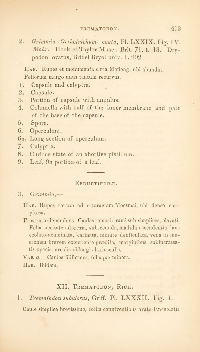 2. Grimmia Orthotrichum) ovata, PL LXXIX. Ficr. IV. Mohr. Hook et Taylor Muse.. Brit. JL t. 13. Dry- podon ovatus, Bridel Bryol univ. 1. 202. IIab. Rupes et monumenta circa Moflong, ubi abundat. Foliorum margo unus tantum recurvus. 1. Capsule and calyptra. 2. Capsule. 3- Portion of capsule with annulus. 4. Columella with half of the inner membrane and part of the base of the capsule. 5. Spore. 6. Operculum. 6a. Long section of operculum. 7* Calyptra. 8. Curious state of an abortive pistillum. 9. Leaf, 9a portion of a leaf. Efructifer.e. 3. Grimmia.-- Hab. Rupes roratae ad cataractam Moosmai, ubi dense cees- pitosa, Prostrato-dependens, Caules ramosi; rami sub simplices, clavath Folia siccitate adpressa, subsecunda, madida ascendentia, lan- ceolato-acuminata, carinata, minute denticulata, vena in mu- cronem brevem excurrente praedifca, marginibus subincrassa- tis opacis, areolis oblongis laxiusculis. Var a. Caules filiformes, foliaque minora. Hab. Ibidem. XII. Trematodon, Rich. 1. Trematodon suhulosus, Griff. PI. LXXXII. Fig. I. Caule simplice brevissimo, foliis conniventibus ovato-lanceolatis