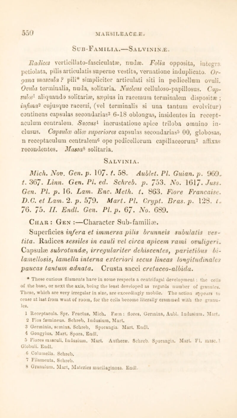 Sub-Fam i lia.—Sa lv ln in e. Radices verticillato-fasciculatae, nudae. Folia opposita, integrp petiolata, pilis articulatis superne vestita, vernatione incluplicato. Or- gana mascula ? pili* simpliciter articulati siti in pedicellum ovuli. Ocula tenniualia, ntula, solitaria. Nucleus celluloso-papillosus. Cap- sules1 aliqnando solitaria?, sa?pias in racemum tenninalem dispositae ; infima,2 cujusque racerni, (vel terminalis si una tantum evolvitur) continens capsulas secondarias3 6-18 oblongas, insidentes in recept- aculum centralem. Saccus1 incrustatione apice triloba omnino in- clusus. Capsules alia} superiores capsulas secondarias3 00, globosas, n receptaculum centralem^ ope pedicellorum capillaceoruin7 aftixas recondentes. Massa8 solitaria. Salvini a. Mich, Nov. Gen. p. 10J. t. 58. Aublet. PI. Guian.p. 969. t. 367- Linn. Gen. PI. ed. Schreb. p. 753. No. 1617* Juss. Geii. PL p. 16. Lam. Enc. Meth. t. 863. Fiore Francaise. D.C. et Lam. 2. p. 579. Mart. PI. Crypt. Bras. p. 128. t, 76. 75. II. Eridl. Gen. Pl. p. 6J. No. 689. Char: Gen :—Character Sub-familiae. Superficies in/era et immersa pilis brunneis subulatis ves- tita. Radices sessiles in cauli vel circa apicem rami ovuligeri. Capsulae subrotundee, irregulariter dehiscentcs, parietibus hi- lamellosis, lamella interna exteriori seats tineas longitudinalts paucas tantum adnata. Crusta sacci cretaceo-albida. * These curious filaments have in some respects a centrifugal development: the cells of the base, or next the axis, being the least developed as regards number of granules. These, which are very irregular in size, are exceedingly mobile. The action appears to cease at last from want of room, for the cells become literally crammed with the granu- les. 1 Receptacula. Spr. Fructus. Mich. Faem: tlores, Germina, Aubl. Indusiura. Mart. 2 Flos faimincus. Schreb. Indusium, Mart. 3 Germinia, semina. Schreb, Sporangia. Mart. Endl. 4 Gongylus. Mart. Spora, Endl. o Flores raisculi. Indusium, Mart. Antherac. Schreb. Sporangia. Mart. FI. masc. ? Globuli. Eudl. 6 Columella. Schreb. 7 Filameuta. Schreb. 8 Granulum. Mart, Materies mucilaginosa. Endl.