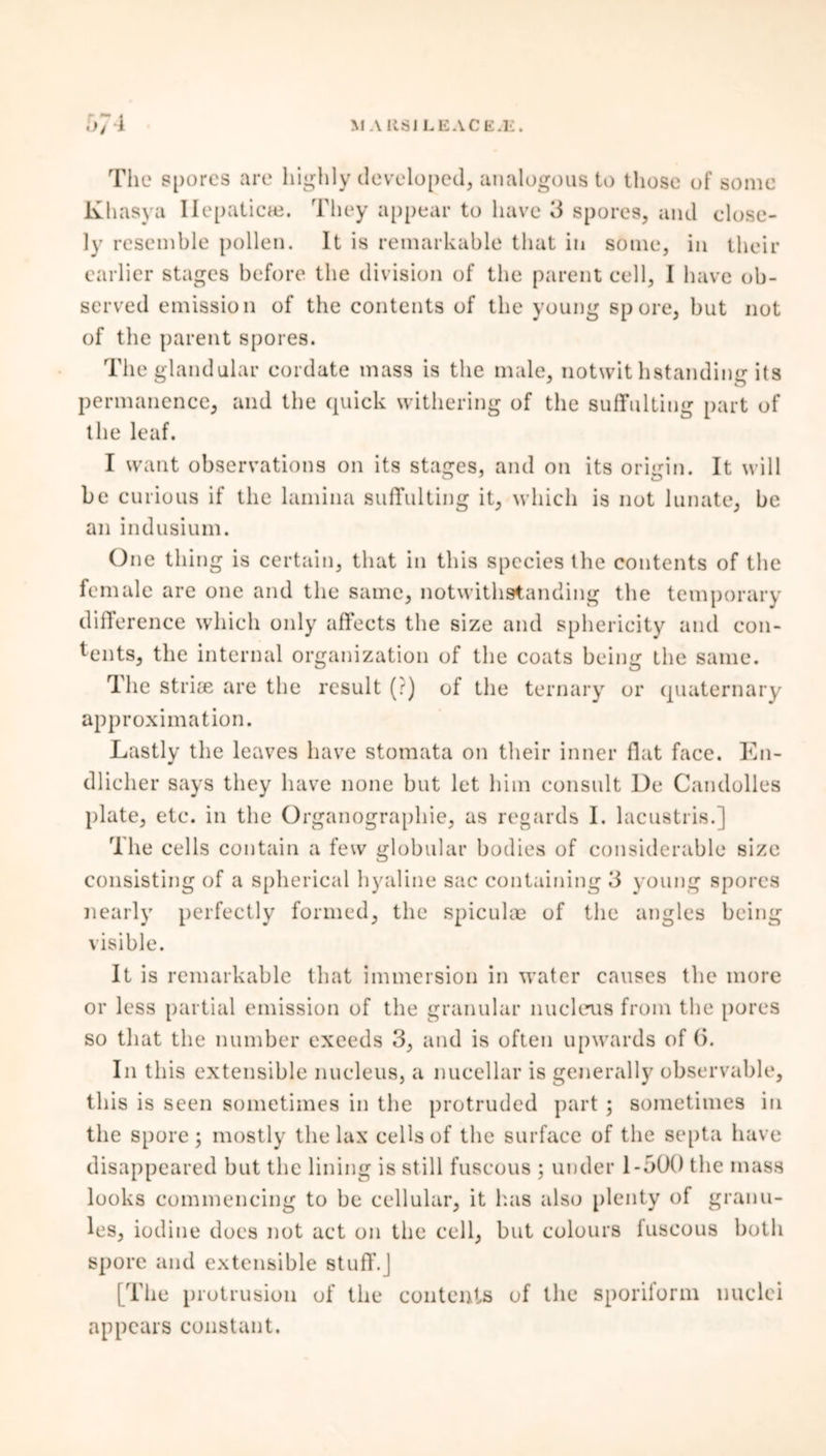 XI A RSI LEACE.E. r»74 The spores are highly developed, analogous to those of some Khasya Ilepaticae. They appear to have 3 spores, and close- ly resemble pollen. It is remarkable that in some, in their earlier stages before the division of the parent cell, I have ob- served emission of the contents of the young spore, but not of the parent spores. The glandular cordate mass is the male, notwit hstandimr its permanence, and the quick withering of the suffulting part of the leaf. I want observations on its stages, and on its origin. It will be curious if the lamina sufTulting it, which is not lunate, be an indusium. One thing is certain, that in this species the contents of the female are one and the same, notwithstanding the temporary difference which only affects the size and sphericity and con- tents, the internal organization of the coats being the same. The stride are the result (?) of the ternary or quaternary approximation. Lastly the leaves have stomata on their inner flat face. En- dlicher says they have none but let him consult l)e Candolles plate, etc. in the Organographie, as regards I. lacustris.] rlhe cells contain a few globular bodies of considerable size consisting of a spherical hyaline sac containing 3 young spores nearly perfectly formed, the spiculae of the angles being visible. It is remarkable that immersion in water causes the more or less partial emission of the granular nucleus from the pores so that the number cxceds 3, and is often upwards of 6. In this extensible nucleus, a nucellar is generally observable, this is seen sometimes in the protruded part ; sometimes in the spore; mostly the lax cells of the surface of the septa have disappeared but the lining is still fuscous ; under 1-500 the mass looks commencing to be cellular, it has also plenty of granu- les, iodine does not act on the cell, but colours fuscous both spore and extensible stuff.J [The protrusion of the contents of the sporilorm nuclei appears constant.