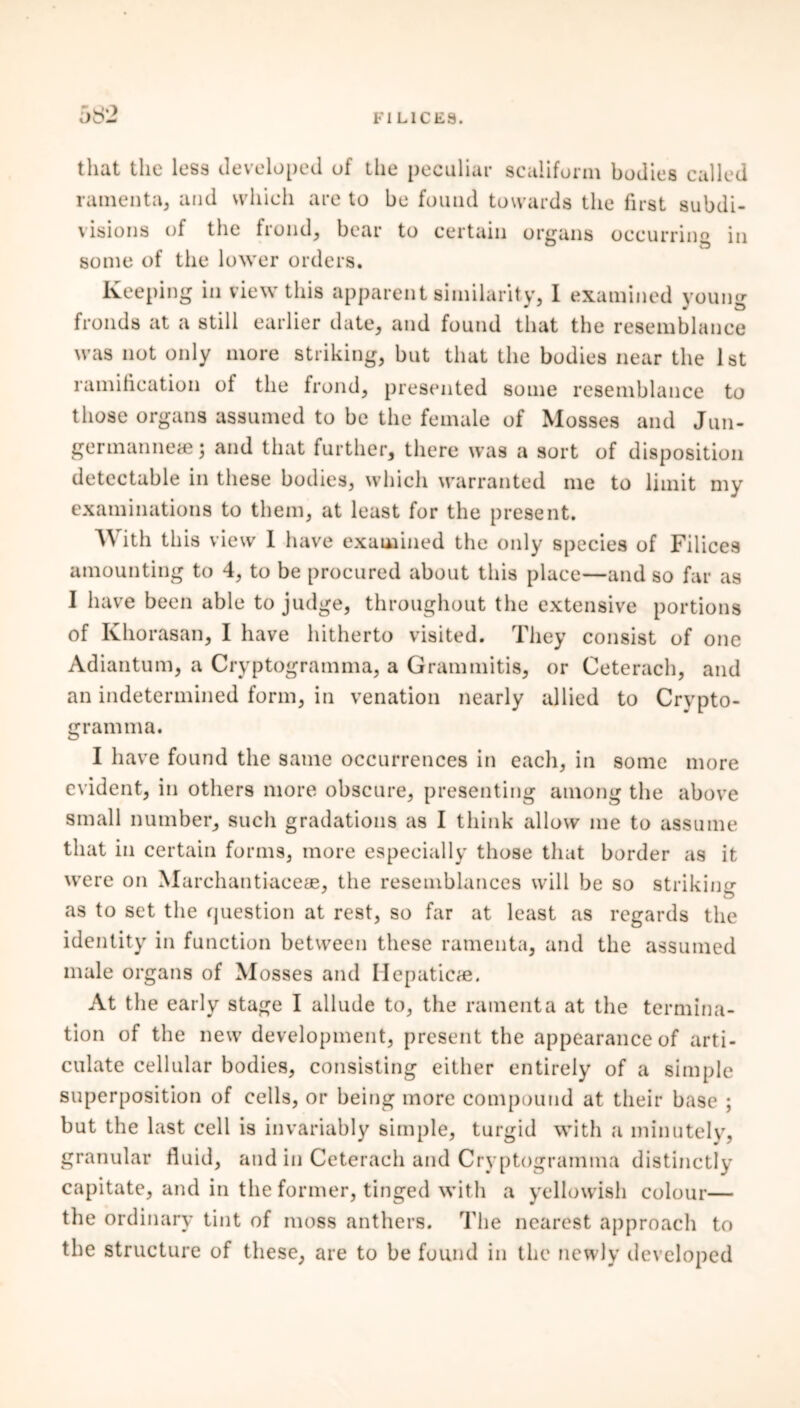 FI L1C E 9. that the less developed of the peculiar scaiiform bodies called ramenta, and which are to be found towards the first subdi- visions of the frond, bear to certain organs occurring \n some of the lower orders. Keeping in view this apparent similarity, I examined young fronds at a still earlier date, and found that the resemblance was not only more striking, but that the bodies near the 1st ramification of the frond, presented some resemblance to those organs assumed to be the female of Mosses and Jun- germanneae; and that further, there was a sort of disposition detectable in these bodies, which warranted me to limit my examinations to them, at least for the present. A\ ith this view I have examined the only species of Filices amounting to 4, to be procured about this place—and so far as I have been able to judge, throughout the extensive portions of Khorasan, I have hitherto visited. They consist of one Adiantum, a Cryptogramma, a Grammitis, or Ceterach, and an indetermined form, in venation nearly allied to Crypto- gramma. I have found the same occurrences in each, in some more evident, in others more obscure, presenting among the above small number, such gradations as I think allow me to assume that in certain forms, more especially those that border as it were on Marchantiaceae, the resemblances will be so striking as to set the question at rest, so far at least as regards the identity in function between these ramenta, and the assumed male organs of Mosses and Mepaticae. At the early stage I allude to, the ramenta at the termina- tion of the new development, present the appearance of arti- culate cellular bodies, consisting either entirely of a simple superposition of cells, or being more compound at their base ; but the last cell is invariably simple, turgid with a minutely, granular fluid, and in Ceterach and Cryptogramma distinctly capitate, and in the former, tinged with a yellowish colour— the ordinary tint of moss anthers. The nearest approach to the structure of these, are to be found in the newly developed