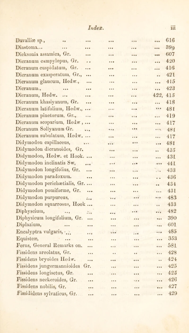 » 9 9 Davalliee sp., •• ••• ••• t 9 t • • • 616 13icistoniLii • • ••• ... • I • • 99 399 Dicksonia assamica, Gr. • • • • •• 607 Dicranura campylopus, Gr. • • * • • • 420 Dicranum cuspidatum, Gr. • • • • • * 416 Dicranum exasperatum, Gr., ... t • * • • 421 Dicranum glaucum, Hedw,, • • • • O • 415 Dicranum,, • • • • « • 423 Dicranum, Hedw. ... • 0 • 422, 415 Dicranum khasiyanum, Gr. • • • 9 9 9 418 Dicranum latifolium, Iledvv., ... • • • • 99 481 Dicranum pinetorum, Gr., « 4 • • 6 f 419 Dicranum scoparium, Hedw,... • • 9 • • O 417 Dicranum Sollyanum Gr. 9 4 9 • • 1 481 Dicranum subulatum, Hedw. ... • v • • 99 417 Didymodon capillaceus, • • • 9 • ♦ 481 Didymodon dicranoides, Gr, • t « • • 435 Didymodon, Hedw. et Hook. ... * • • • 99 431 Didymodon inclinatis Sw, ... • • • ♦ ♦ « 441 Didymodon longifolius, Gr. • * 9 V i * 9 433 Didymodon paradoxum. • • • e o 436 Didymodon perichaetialis, Gr. ... • • • 9 9 434 Didymodon pomiforme, Gr. • « • t 9 9 431 Didymodon purpureus, • » » 9 • 9 483 Didymodon squarrosus, Ilook ... • ♦ • t 9 433 Diphyscium, • • • •M 482 Dipliysicum longifolium, Gr, ... • • • • • • 390 Diplazium, • • • • • • 601 Encalyptra vulgaris, — ... a • 9 9 9 0 485 Equistece, • • • 9 9 9 353 Ferns, General Remarks on. ... • • • 9 9 9 581 Fissidens areolatus, Gr. • • • 99 428 Fissidens bryoides Hedw. • • • 9 9 424 Fissidens jungermannioides Gr. • • 9 9 9 9 425 Fissidens longisetus, Gr, 9 • • • 99 425 Fissidens neckeroides, Gr. *.r • 9 9 9 426 Fissidens nobilis, Gr. • 99 0 9 9 427 Fissididens sylvaticus, Gr. 9 9 9 9 9 9 429