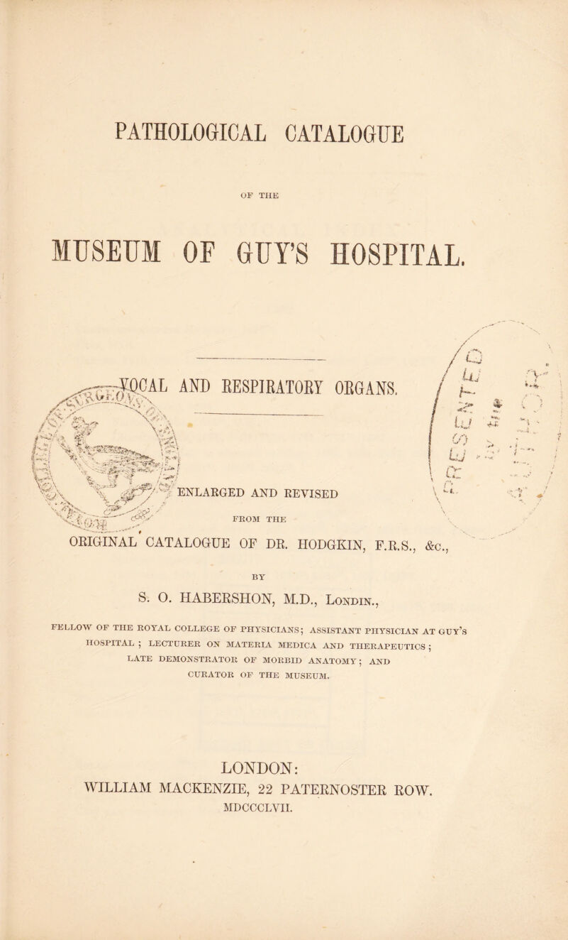 OF THE MUSEUM OF GUY’S HOSPITAL. AND RESPIRATORY ORGANS. \f<: A V .< . K •.» r '•--•/, ? # -*(. -?Nv;-■*••£ - V-. •; I r A\ N* ■ 7Cti WA f ? '-'•f / •**/ W*).\ H ,.«R^1 •A’*, v< \ xr ;V \ \ „ ' ***■ .f- .-{-Ql '/ 0yy^7 enlarged and revised FROM THE ORIGINAL CATALOGUE OF DR. HODGKIN, F.R.S., BY S. O. HABERSHON, M.D., Londin., FELLOW OF THE ROYAL COLLEGE OF PHYSICIANS; ASSISTANT PHYSICIAN AT GUY’S HOSPITAL ; LECTURER ON MATERIA MEDICA AND THERAPEUTICS ; LATE DEMONSTRATOR OF MORBID ANATOMY; AND CURATOR OF THE MUSEUM. LONDON: WILLIAM MACKENZIE, 22 PATERNOSTER ROW. MDCCCLVII.