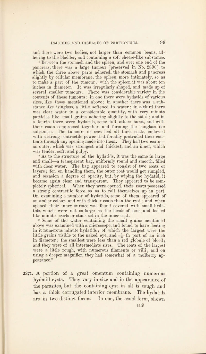 and there were two bodies, not larger than common beans, ad¬ hering to the bladder, and containing a soft cheese-like substance. “ Between the stomach and the spleen, and over one end of the pancreas, there was a large tumour [preserved in No. 2890], to which the three above parts adhered, the stomach and pancreas slightly by cellular membrane, the spleen more intimately, so as to make a part of the tumour : with the spleen it was about ten inches in diameter. It was irregularly shaped, and made up of several smaller tumours. There was considerable variety in the contents of those tumours : iu one there were hydatids of various sizes, like those mentioned above; in another there was a sub¬ stance like isinglass, a little softened in water; in a third there was clear water in a considerable quantity, with very minute particles like small grains adhering slightly to the sides ; and in a fourth there were hydatids, some full, others burst, and with their coats compressed together, and forming the isinglass-like substance. The tumours or sacs had all thick coats, endowed with a strong contractile power that forcibly protruded their con¬ tents through any opening made into them. They had two coats— an outer, which was strongest and thickest, and an inner, which was tender, soft, and pulpy. “As to the structure of the hydatids, it was the samo in large and small—a transparent bag, uniformly round and smooth, filled with clear water. The bag appeared to consist of two coats or layers; for, on handling them, the outer coat would get rumpled, and occasion a degree of opacity, but, by wiping the hydatid, it became again clear and transparent. They appeared to be com¬ pletely spherical. When they were opened, their coats possessed a strong contractile force, so as to roll themselves up in part. On examining a number of hydatids, some of them appeared of an amber colour, and wuth thicker coats than the rest; and when opened their inner surface was found covered with small hyda¬ tids, which were not so large as the heads of pins, and looked like minute pearls or studs set in the inner coat. “ Some of the water containing the small grains mentioned above was examined with a microscope, and found to have floating in it numerous minute hydatids ; of which the largest were the little grains visible to the naked eye, and ^T^th Part °f an in°h in diameter; the smallest were less than a red globule of blood; and they were of all intermediate sizes. The coats of the largest were a little rough, with numerous filaments or villi; and on using a deeper magnifier, they had somewhat of a mulberry ap¬ pearance.” 2371. A portion of a great omentum containing numerous hydatid cysts. They vary in size and in the appearance of the parasites, but the containing cyst in all is tough and has a thick corrugated interior membrane. The hydatids are in two distinct forms. In one, the usual form, shown it 2