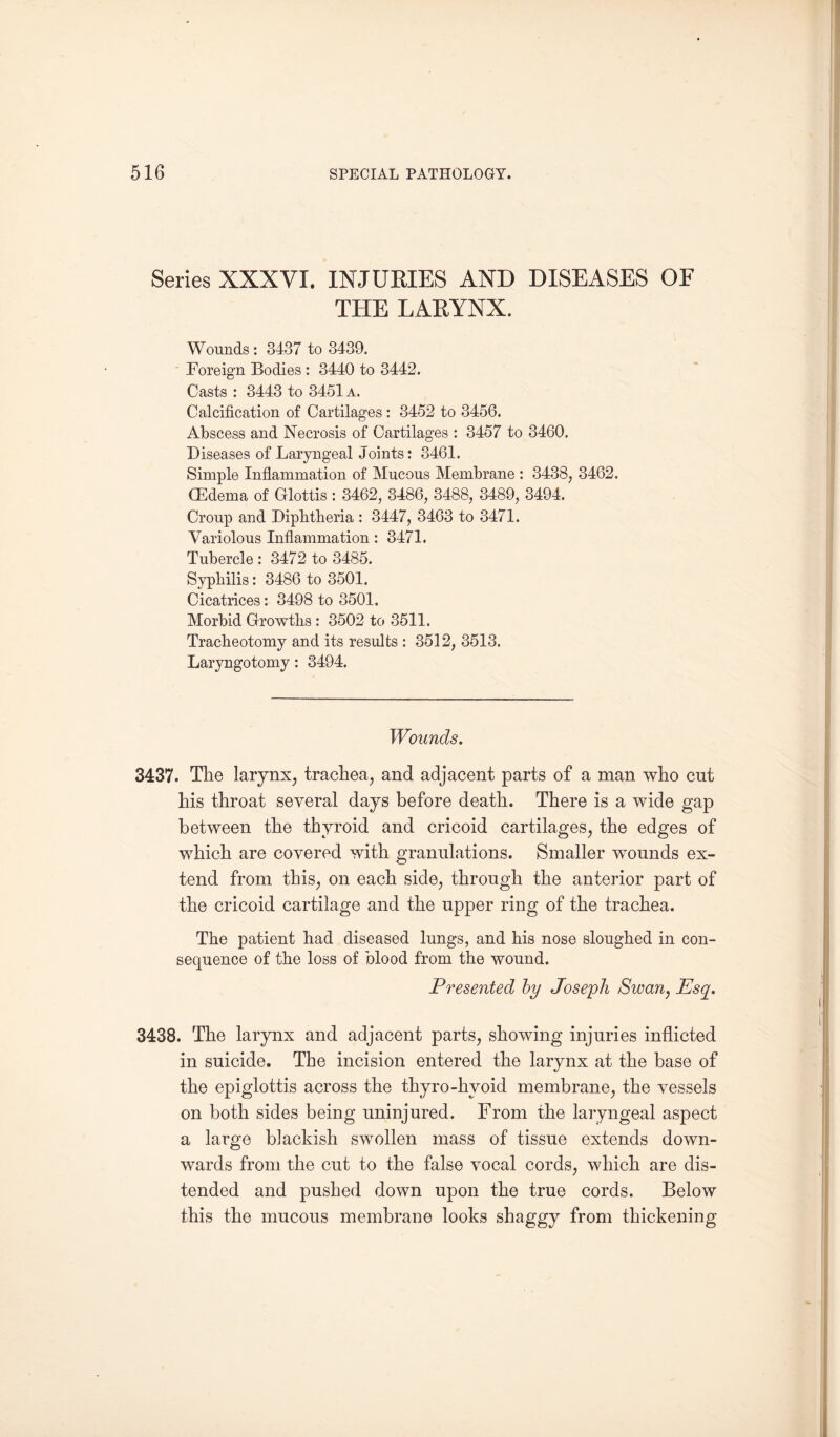 Series XXXVI. INJURIES AND DISEASES OF THE LARYNX. Wounds : 3437 to 3439. Foreign Bodies : 3440 to 3442. Casts : 3443 to 3451 a. Calcification of Cartilages : 3452 to 3456. Abscess and Necrosis of Cartilages : 3457 to 3460. Diseases of Laryngeal Joints: 3461. Simple Inflammation of Mucous Membrane : 3438, 3462. (Edema of Glottis : 3462, 3486, 3488, 3489, 3494. Croup and Diphtheria : 3447, 3463 to 3471. Variolous Inflammation: 3471. Tubercle : 3472 to 3485. Syphilis: 3486 to 3501. Cicatrices: 3498 to 3501. Morbid Growths : 3502 to 3511. Tracheotomy and its results : 3512, 3513. Laryngotomy: 3494. Wounds. 3437. The larynx, trachea, and adjacent parts of a man who cut his throat several days before death. There is a wide gap between the thyroid and cricoid cartilages, the edges of which are covered with granulations. Smaller wounds ex¬ tend from this, on each side, through the anterior part of the cricoid cartilage and the upper ring of the trachea. The patient had diseased lungs, and his nose sloughed in con¬ sequence of the loss of blood from the wound. Presented by Joseph Swan, Esq. 3438. The larynx and adjacent parts, showing injuries inflicted in suicide. The incision entered the larynx at the base of the epiglottis across the thyro-hyoid membrane, the vessels on both sides being uninjured. From the laryngeal aspect a large blackish swollen mass of tissue extends down¬ wards from the cut to the false vocal cords, which are dis¬ tended and pushed down upon the true cords. Below this the mucous membrane looks shaggy from thickening