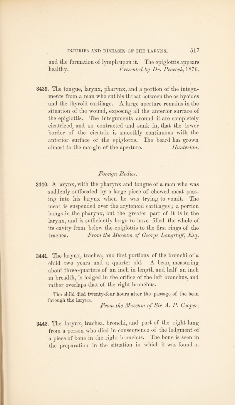 and the formation of lymph upon it. The epiglottis appears healthy. Presented by Dr. Peacock} 1876. 3439. The tongue, larynx, pharynx, and a portion of the integu¬ ments from a man who cut his throat between the os hyoides and the thyroid cartilage. A large aperture remains in the situation of the wound, exposing all the anterior surface of the epiglottis. The integuments around it are completely cicatrized, and so contracted and sunk in, that the lower border of the cicatrix is smoothly continuous with the anterior surface of the epiglottis. The beard has grown almost to the margin of the aperture. Hunterian. Foreign Bodies. 3440. A larynx, with the pharynx and tongue of a man who was suddenly suffocated by a large piece of chewed meat pass¬ ing into his larynx when he was trying to vomit. The meat is suspended over the arytenoid cartilages ; a portion hangs in the pharynx, but the greater part of it is in the larynx, and is sufficiently large to have filled the whole of its cavity from below the epiglottis to the first rings of the trachea. From the Museum of George Lang staff. Esq. 3441. The larynx, trachea, and first portions of the bronchi of a child two years and a quarter old. A bean, measuring about three-quarters of an inch in length and half an inch in breadth, is lodged in the orifice of the left bronchus, and rather overlaps that of the right bronchus. The child died twenty-four hours after the passage of the bean through the larynx. From the Museum of Sir A. P. Cooper. 3442. The larynx, trachea, bronchi, and part of the right lung from a person who died in consequence of the lodgment of a piece of bone in the right bronchus. The bone is seen in the preparation in the situation in which it was found at