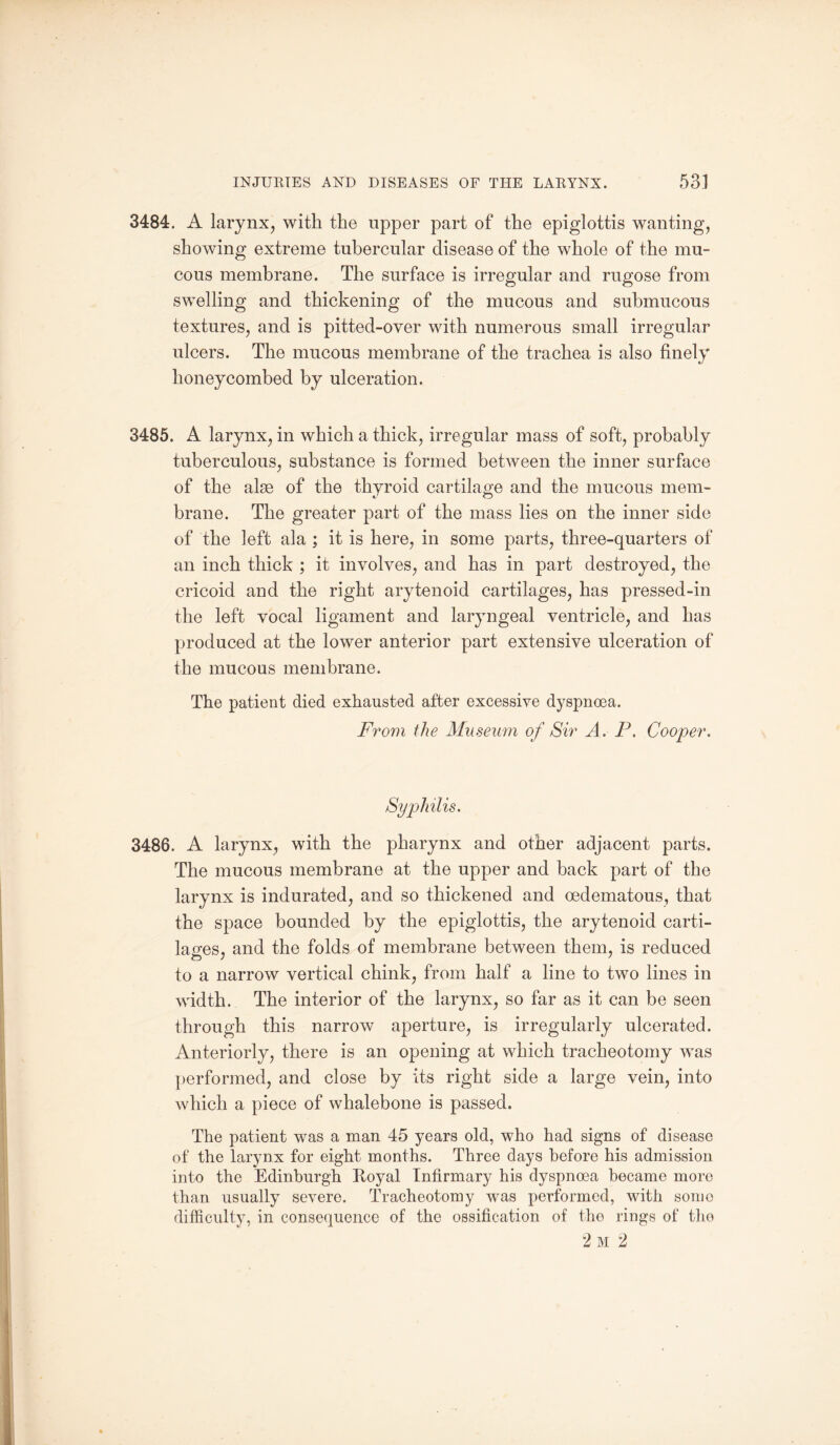 3484. A larynx, with the upper part of the epiglottis wanting, showing extreme tubercular disease of the whole of the mu¬ cous membrane. The surface is irregular and rugose from swelling and thickening of the mucous and submucous textures, and is pitted-over with numerous small irregular ulcers. The mucous membrane of the trachea is also finely honeycombed by ulceration. 3485. A larynx, in which a thick, irregular mass of soft, probably tuberculous, substance is formed between the inner surface of the alse of the thyroid cartilage and the mucous mem¬ brane. The greater part of the mass lies on the inner side of the left ala ; it is here, in some parts, three-quarters of an inch thick ; it involves, and has in part destroyed, the cricoid and the right arytenoid cartilages, has pressed-in the left vocal ligament and laryngeal ventricle, and has produced at the lower anterior part extensive ulceration of the mucous membrane. The patient died exhausted after excessive dyspnoea. From the Museum of Sir A. P. Cooper. 3486. A larynx, with the pharynx and other adjacent parts. The mucous membrane at the upper and back part of the larynx is indurated, and so thickened and oedematous, that the space bounded by the epiglottis, the arytenoid carti¬ lages, and the folds of membrane between them, is reduced to a narrow vertical chink, from half a line to two lines in width. The interior of the larynx, so far as it can be seen through this narrow aperture, is irregularly ulcerated. Anteriorly, there is an opening at which tracheotomy was performed, and close by its right side a large vein, into which a piece of whalebone is passed. The patient was a man 45 years old, who had signs of disease of the larynx for eight months. Three days before his admission into the Edinburgh Royal Infirmary his dyspnoea became more than usually severe. Tracheotomy was performed, with somo difficulty, in consequence of the ossification of the rings of the 2 M 2