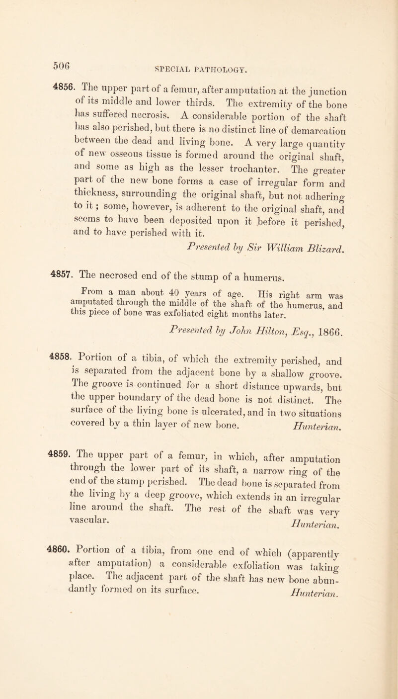 SPECIAL PATHOLOGY. 4856. The upper part of a femur, after amputation at the junction of its middle and lower thirds. The extremity of the bone has suffered necrosis. A considerable portion of the shaft has also perished, but there is no distinct line of demarcation between the dead and living bone. A very large quantity of new osseous tissue is formed around the original shaft, and some as high as the lesser trochanter. The greater part of the new bone forms a case of irregular form and thickness, surrounding the original shaft, but not adhering to it; some, however, is adherent to the original shaft, and seems to have been deposited upon it before it perished, and to have perished with it. Presented by Sir William Blizard. 4857. The necrosed end of the stump of a humerus. From a man about 40 years of age. His right arm was amputated through the middle of the shaft of the humerus, and this piece of bone was exfoliated eight months later. Presented by John Hilton, Esq., 1866. 4858. Portion of a tibia, of which the extremity perished, and is separated from the adjacent bone by a shallow groove. The groove is continued for a short distance upwards, but the upper boundary of the dead bone is not distinct. The suiface of the living bone is ulcerated, and in two situations covered by a thin layer of new bone. Hunterian. 4859. The upper part of a femur, in which, after amputation through the lower part of its shaft, a narrow ring of the end of the stump perished. The dead bone is separated from the living by a deep groove, which extends in an irregular line around the shaft. The rest of the shaft was very vascular* Hunterian. 4860. Portion of a tibia, from one end of which (apparently after amputation) a considerable exfoliation was taking place. The adjacent part of the shaft has new bone abun¬ dantly formed on its surface. Hunterian.