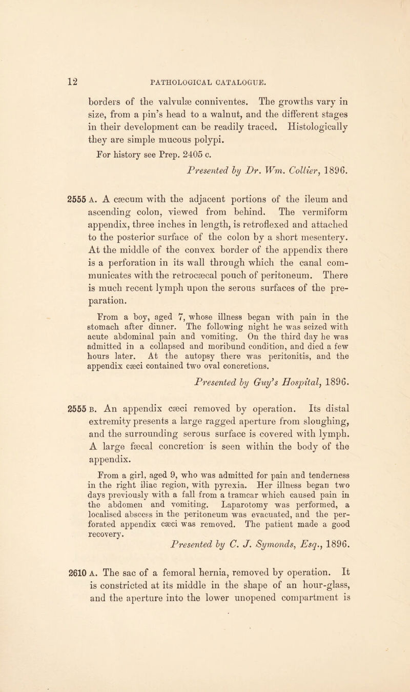 borders of the valvulse conniventes. The growths vary in size, from a pin’s head to a walnut, and the different stages in their development can be readily traced. Histologically they are simple mucous polypi. Tor history see Prep. 2405 c. Presented by Dr. Wm. Collier, 1896. 2555 A. A caecum with the adjacent portions of the ileum and ascending colon, viewed from behind. The vermiform appendix, three inches in length, is retroflexed and attached to the posterior surface of the colon by a short mesentery. At the middle of the convex border of the appendix there is a perforation in its wall through which the canal com¬ municates with the retrocsecal pouch of peritoneum. There is much recent lymph upon the serous surfaces of the pre¬ paration. Prom a hoy, aged 7, whose illness began with pain in the stomach after dinner. The following night he was seized with acute abdominal pain and vomiting. On the third day he was admitted in a collapsed and moribund condition, and died a few hours later. At the autopsy there was peritonitis, and the appendix caeci contained two oval concretions. Presented by Guy’s Hospital, 1896. 2555 B. An appendix caeci removed by operation. Its distal extremity presents a large ragged aperture from sloughing, and the surrounding serous surface is covered with lymph. A large faecal concretion is seen within the body of the appendix. Prom a girl, aged 9, who was admitted for pain and tenderness in the right iliac region, with pyrexia. Her illness began two days previously with a fall from a tramcar which caused pain in the abdomen and vomiting. Laparotomy was performed, a localised abscess in the peritoneum was evacuated, and the per¬ forated appendix cseci was removed. The patient made a good recovery. Presented by C. J. Symonds, Esq., 1896. 2610 A. The sac of a femoral hernia, removed by operation. It is constricted at its middle in the shape of an hour-glass, and the aperture into the lower unopened compartment is