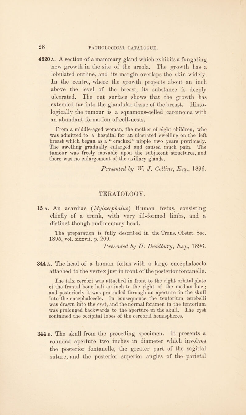 4820 a. A section of a mammary gland which exhibits a fungating new growth in the site of the areola. The growth has a lobulated outline, and its margin overlaps the skin widely. In the centre, where the growth projects about an inch above the level of the breast, its substance is deeply ulcerated. The cut surface shows that the growth has extended far into the glandular tissue of the breast. Histo¬ logically the tumour is a squamous-eelled carcinoma with an abundant formation of cell-nests. Prom a middle-aged woman, the mother of eight children, who was admitted to a hospital for an nicerated swelling on the left breast which began as a “ cracked ” nipple two years previously. The swelling gradually enlarged and caused much pain. The tumour was freely movable upon the subjacent structures, and there was no enlargement of the axillary glands. Presented by W. J. Collins, Esq., 1896. TERATOLOGY. 15 A. An acardiac (Mylacephalus) Human foetus, consisting chiefly of a trunk, with very ill-formed limbs, and a distinct though rudimentary head. The preparation is fully described in the Trans. Obstet. Soc. 1895, vol. xxxvii. p. 209. Presented by II. Bradbury, Esq., 1896. 344 a. The head of a human foetus with a large encephalocele attached to the vertex just in front of the posterior fontanelle. The falx cerebri was attached in front to the right orbital plate of the frontal bone half an inch to the right of the median line ; and posteriorly it was protruded through an aperture in the skull into the encephalocele. In consequence the tentorium cerebelli was drawn into the cyst, and the normal foramen in the tentorium was prolonged backwards to the aperture in the skull. The cyst contained the occipital lobes of the cerebral hemispheres. 344 b. The skull from the preceding specimen. It presents a rounded aperture two inches in diameter which involves the posterior fontanelle, the greater part of the sagittal suture, and the posterior superior angles of the parietal