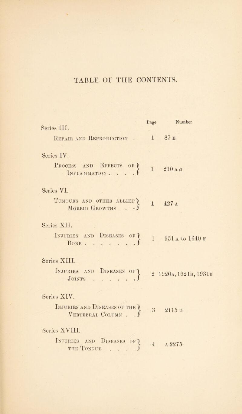 TABLE OF THE CONTENTS. Number Series IV. Process and Effects of Inflammation . . . Series VI. Tumours and other allied Morbid Growths . • Series XII. Injuries and Diseases of Bone ....... Series XIII. Injuries and Diseases of 2 1920a,1921h, 1931b Joints Series XIV. Injuries and Diseases of the Vertebral Column . . Series XVIII. Inju 87 e 210 A a 427 a 951 a to 1640 f