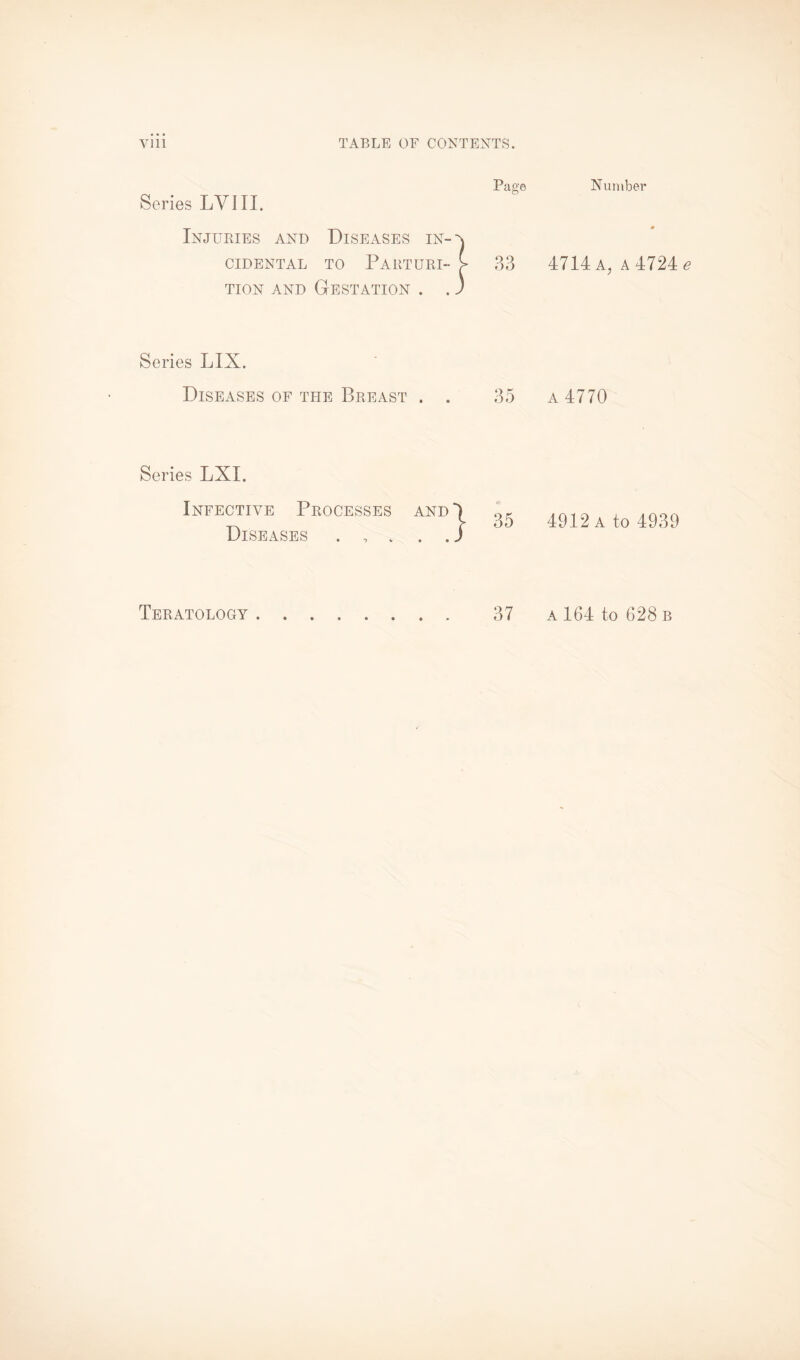 Series LVIII. Injuries and Diseases in¬ cidental to Parturi¬ tion and Gestation . . Page 33 Series LIX. Diseases of the Breast . . 35 Series LXI. Infective Processes Diseases . , . and) • t ✓ 35 Number 4714 a, a 4724 a 4770 4912 a to 4939